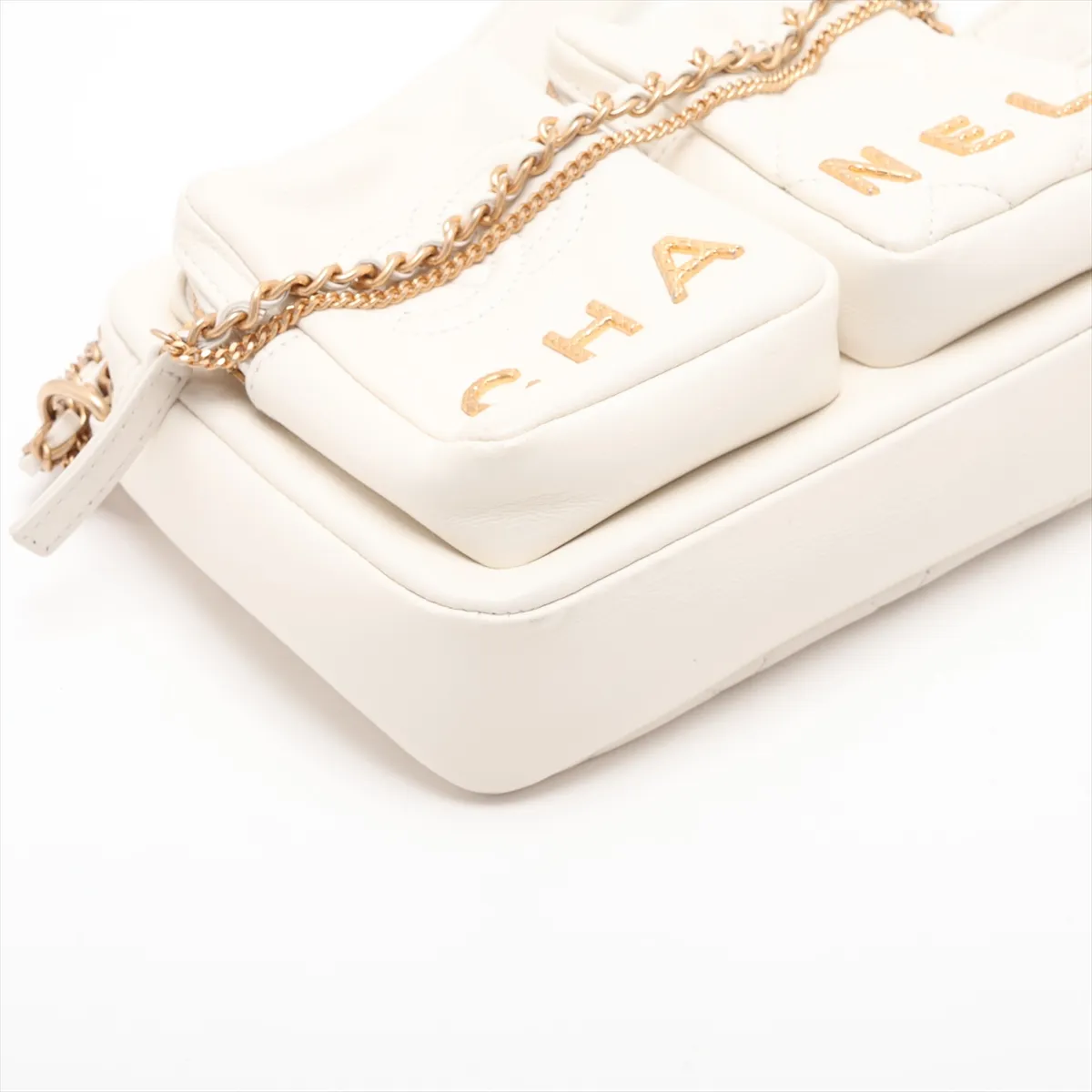 Matelassé Leather Chain Shoulder Bag, White with Gold Hardware, NN2806UE, Random Plate — view 4