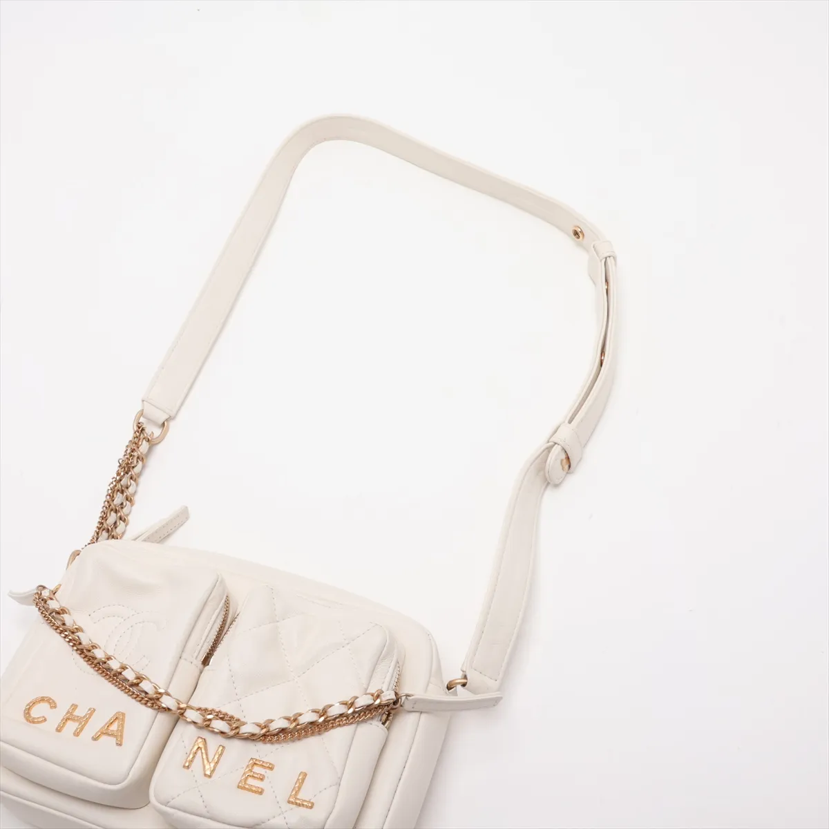 Matelassé Leather Chain Shoulder Bag, White with Gold Hardware, NN2806UE, Random Plate — view 5