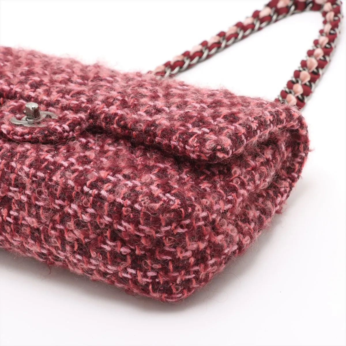 Matelasse Tweed x Velvet Double Flap Double Chain Bag Red Gunmetal Metal Fittings 20183701 20s — view 3