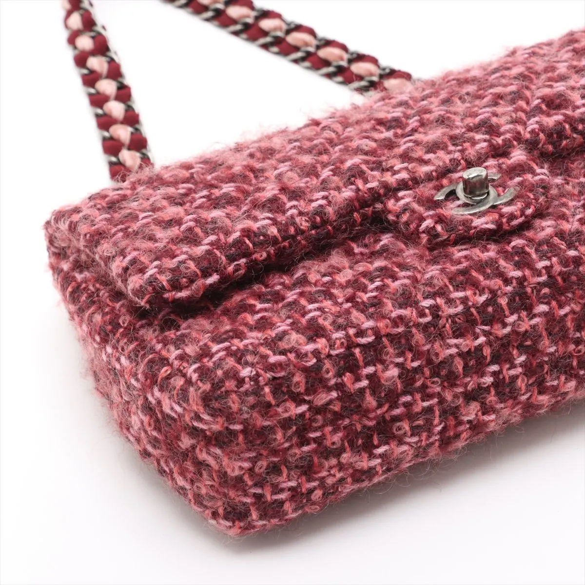 Matelasse Tweed x Velvet Double Flap Double Chain Bag Red Gunmetal Metal Fittings 20183701 20s — view 4