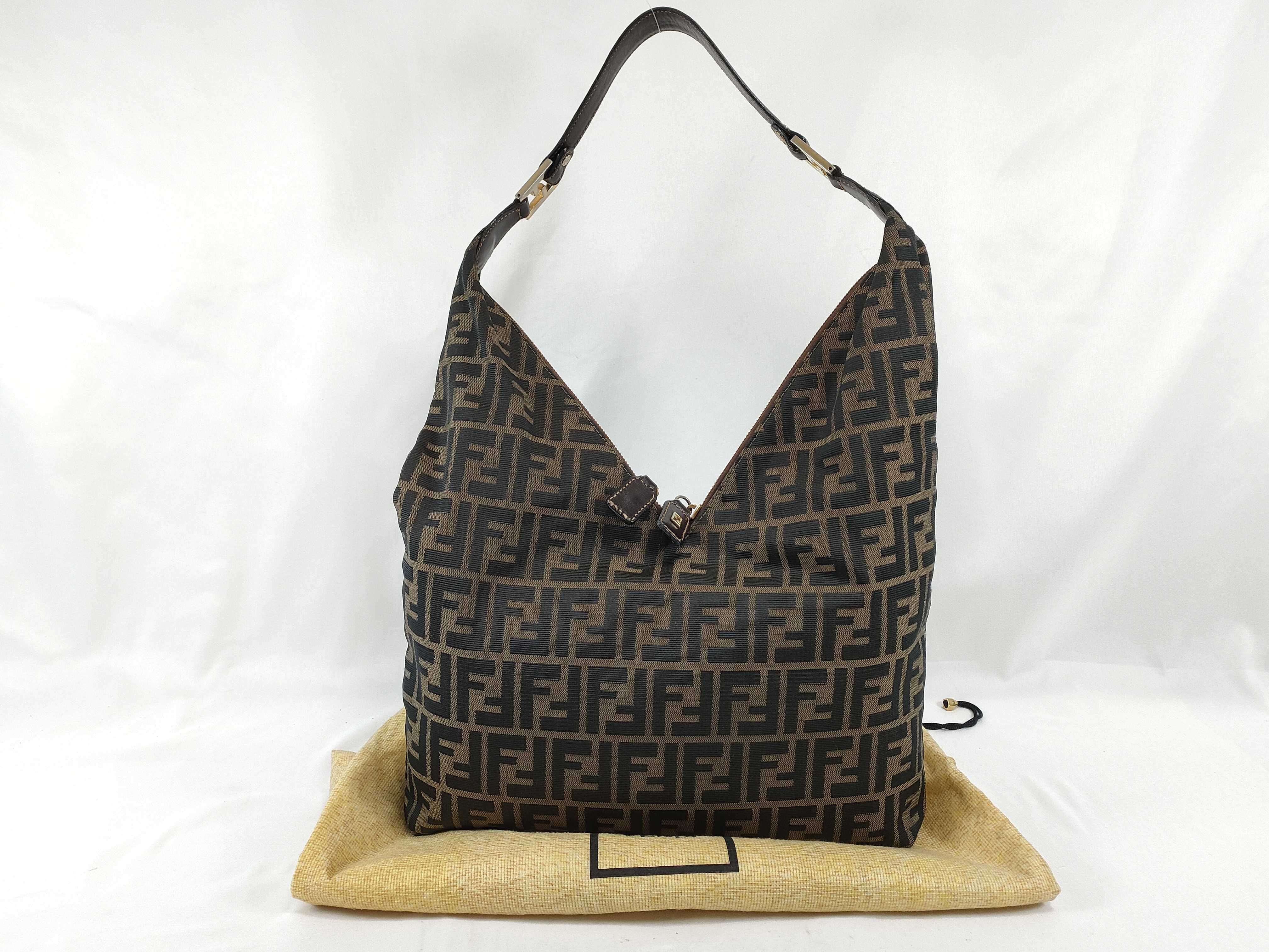 Zucca pattern FF V-shaped shoulder bag, leather and canvas, black and brown.