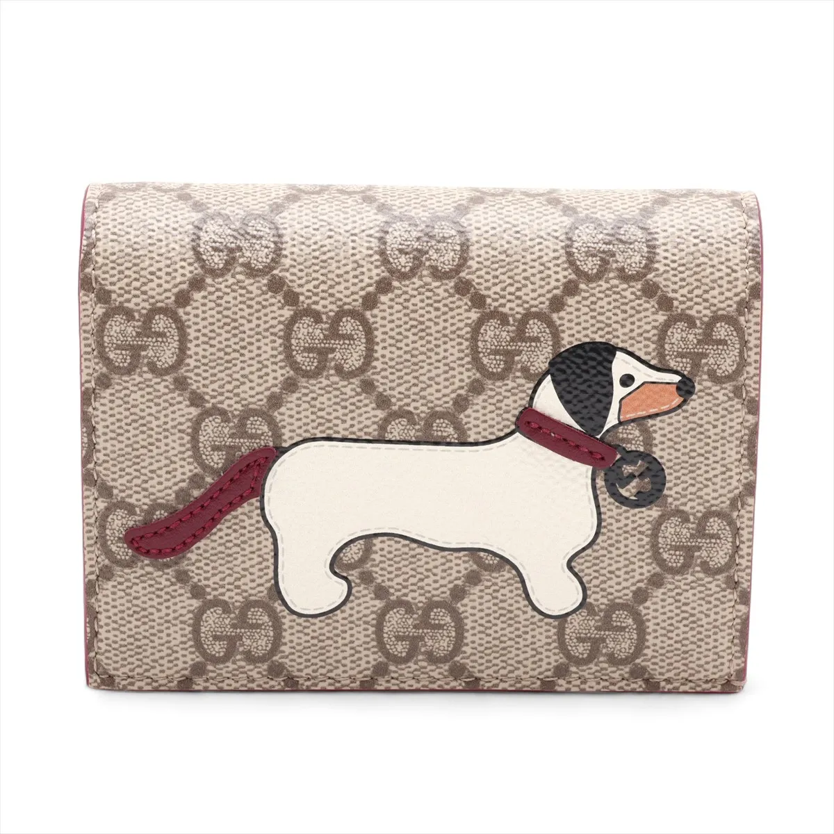 818767 Leather Compact Wallet Beige x Red Dog Detail GG