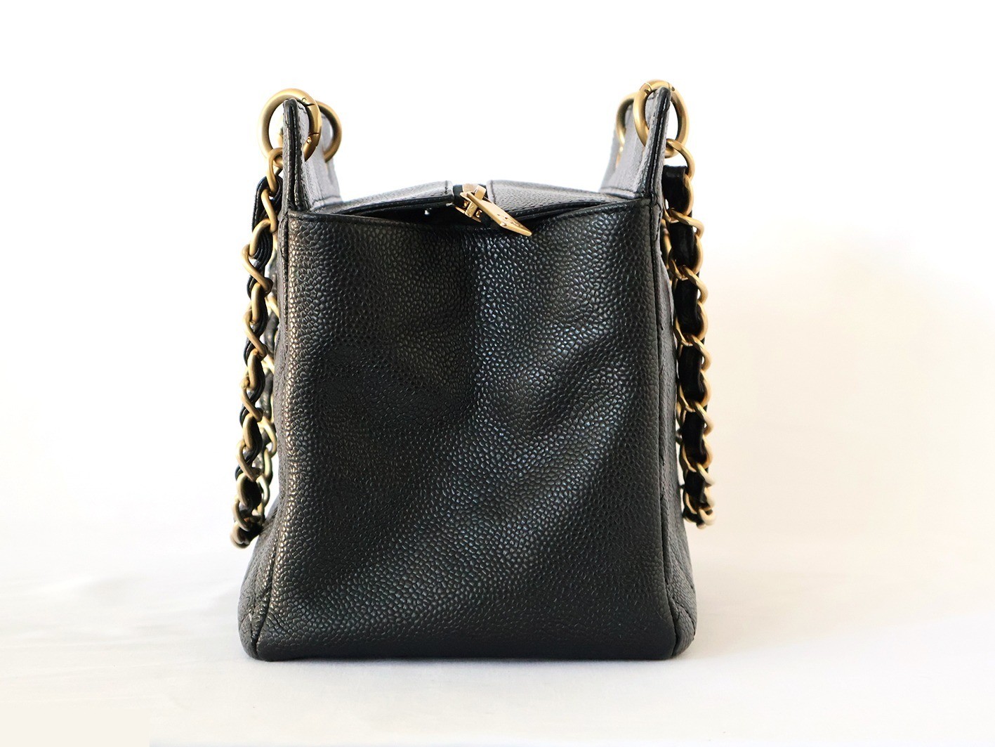 Caviar Skin Chain Tote Bag, Black — view 6