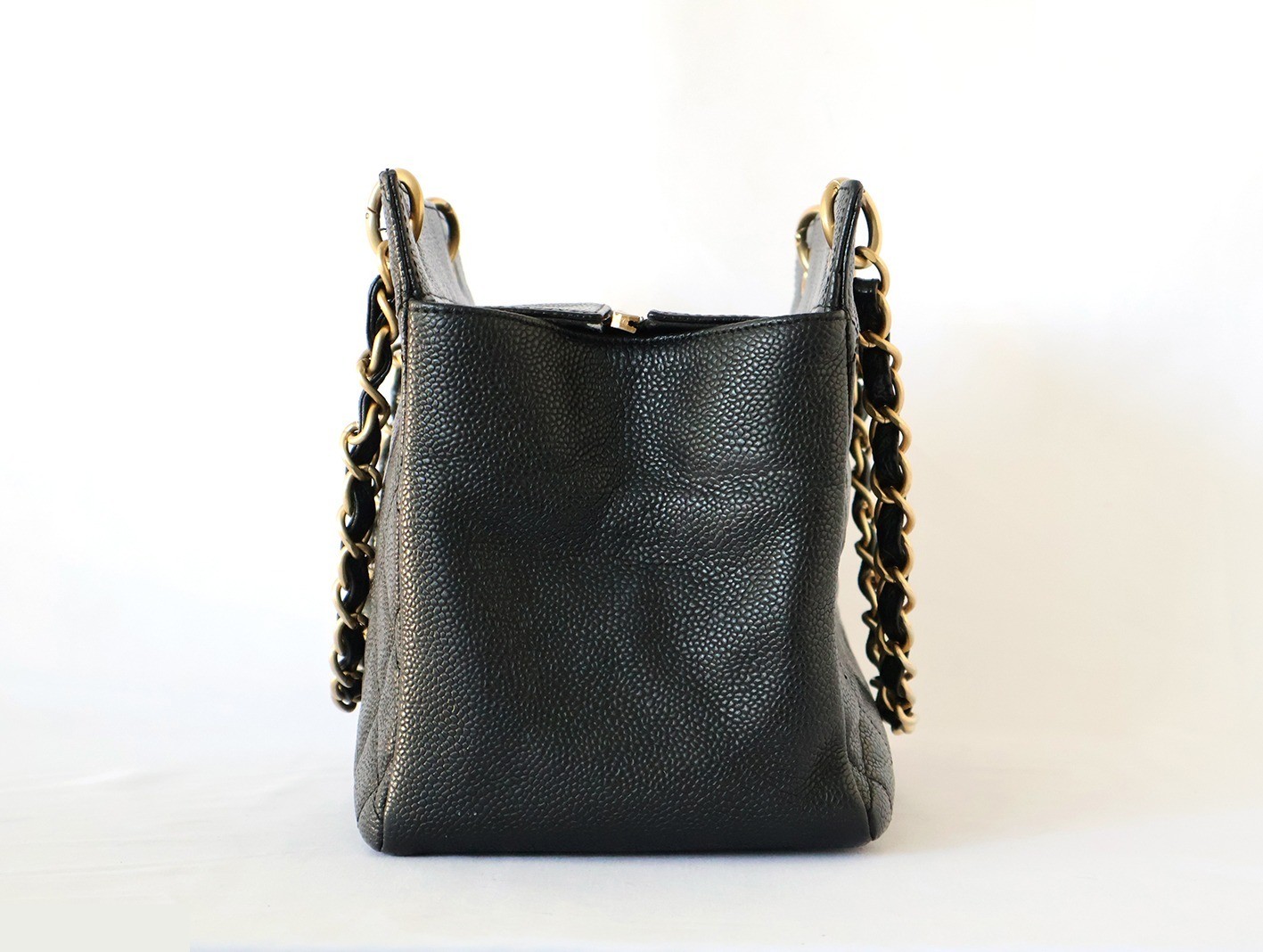 Caviar Skin Chain Tote Bag, Black — view 7