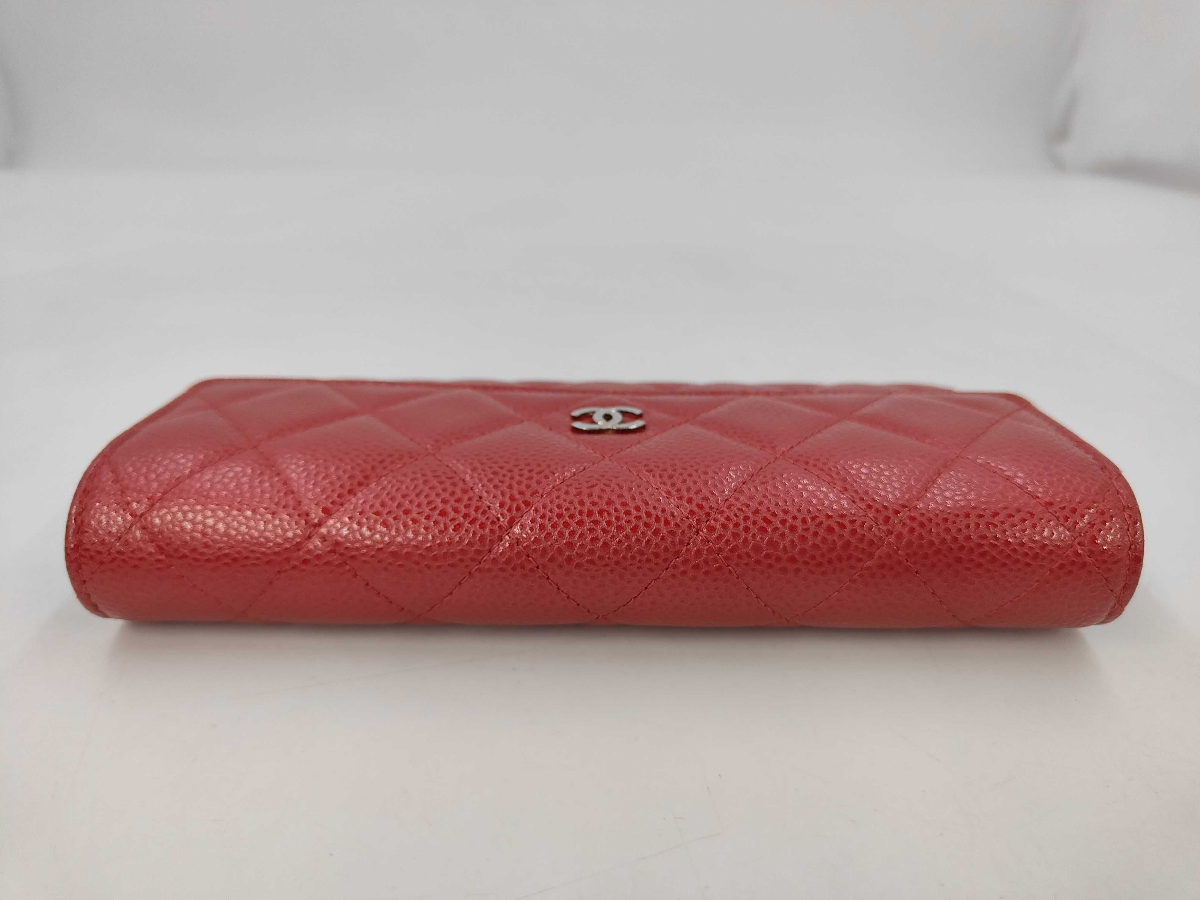 Caviar Skin Coco Matelassé Bi-fold Long Wallet, Silver Hardware, Red — view 5