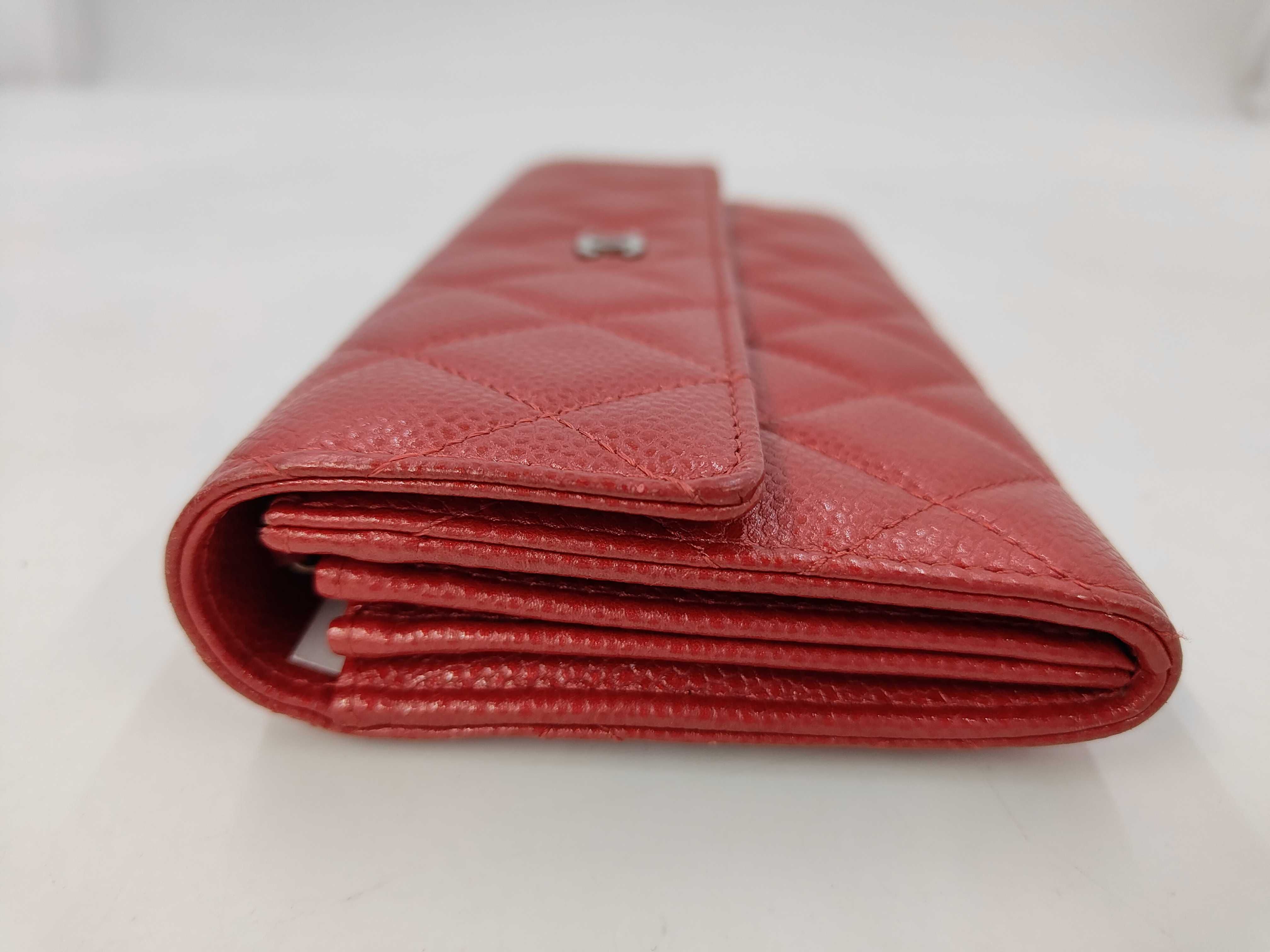 Caviar Skin Coco Matelassé Bi-fold Long Wallet, Silver Hardware, Red — view 6