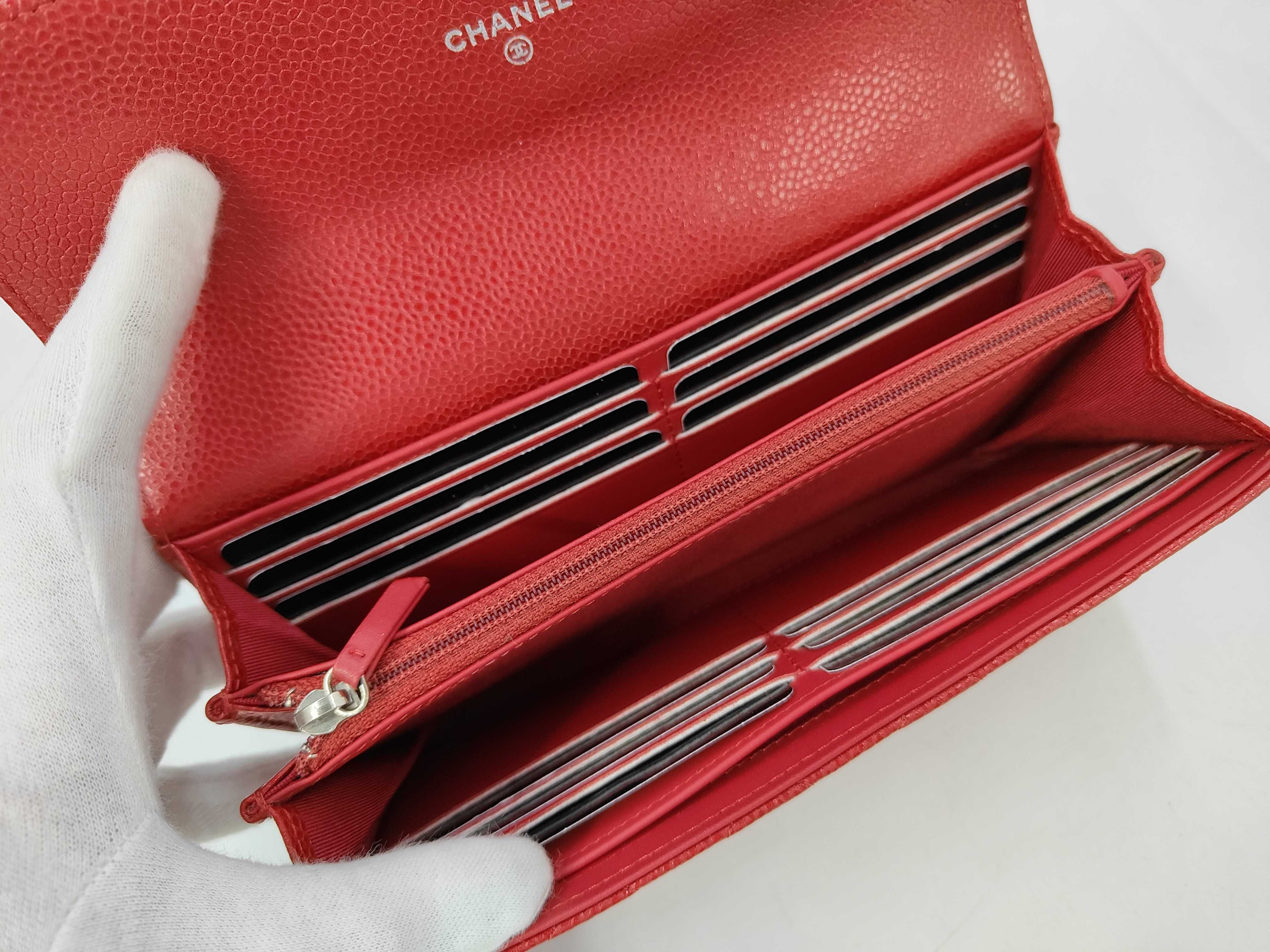 Caviar Skin Coco Matelassé Bi-fold Long Wallet, Silver Hardware, Red — view 8