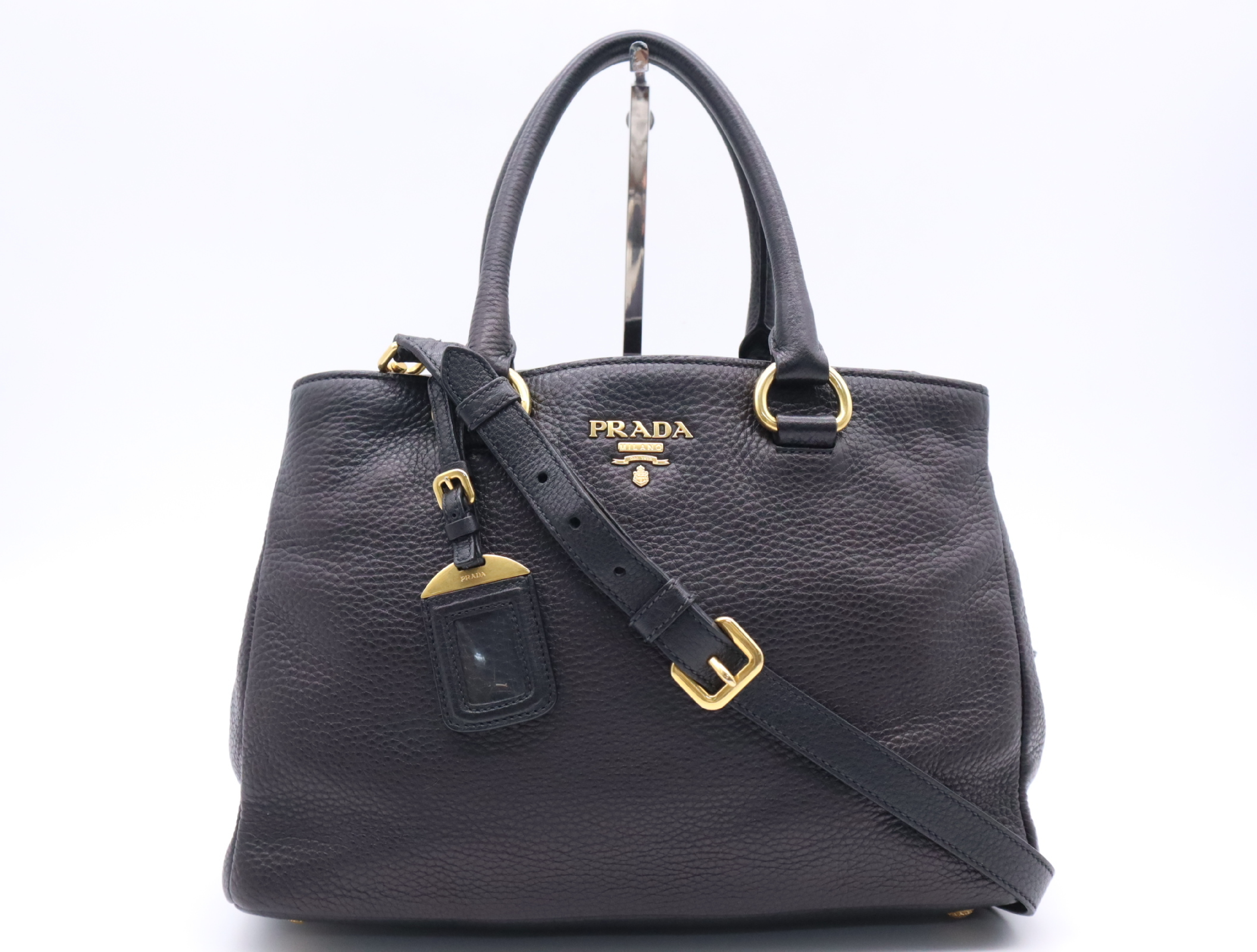 Leather Vitello Daino Tote Bag, Black with Gold Hardware, Shoulder Strap, and Name Tag.