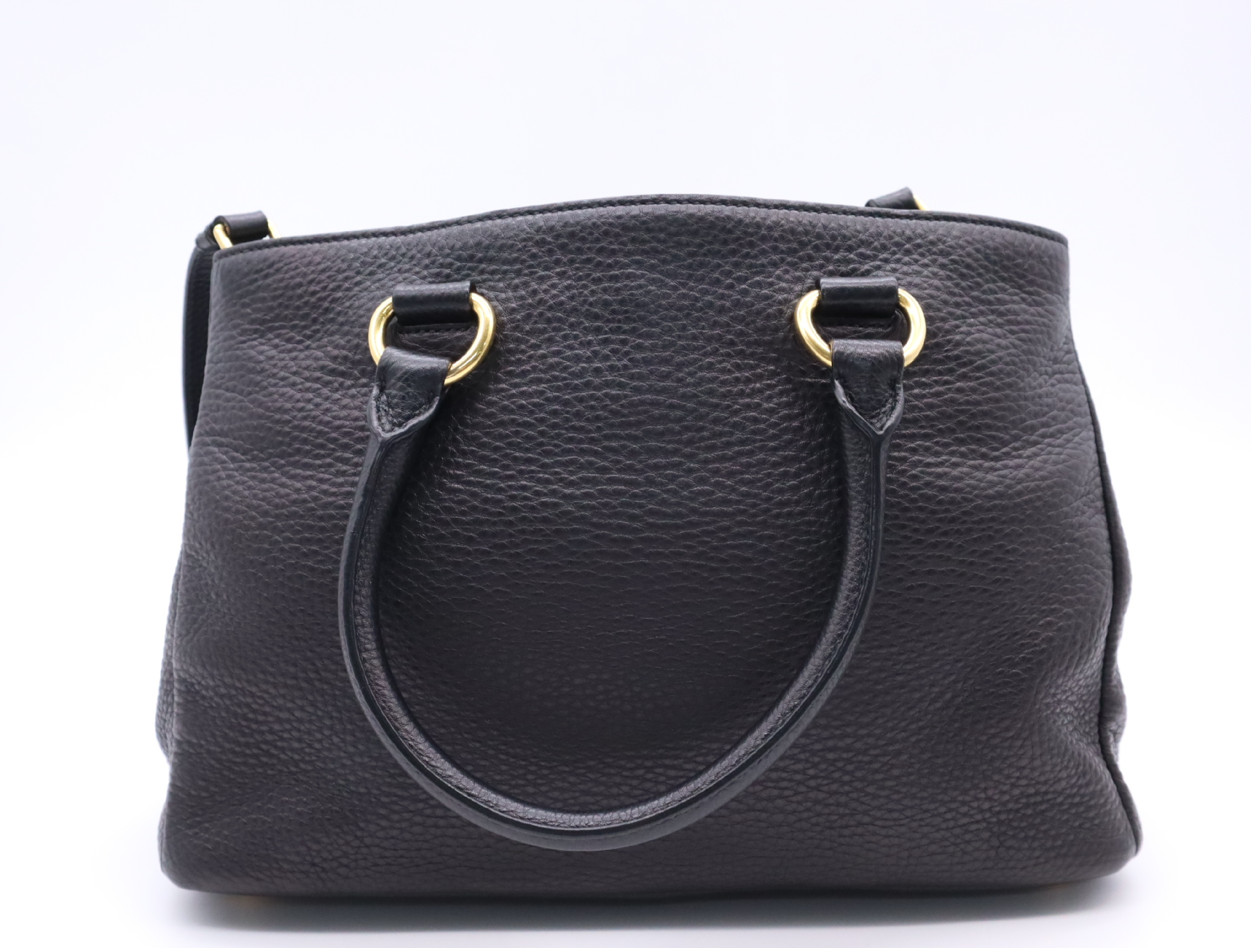 Leather Vitello Daino Tote Bag, Black with Gold Hardware, Shoulder Strap, and Name Tag. — view 2