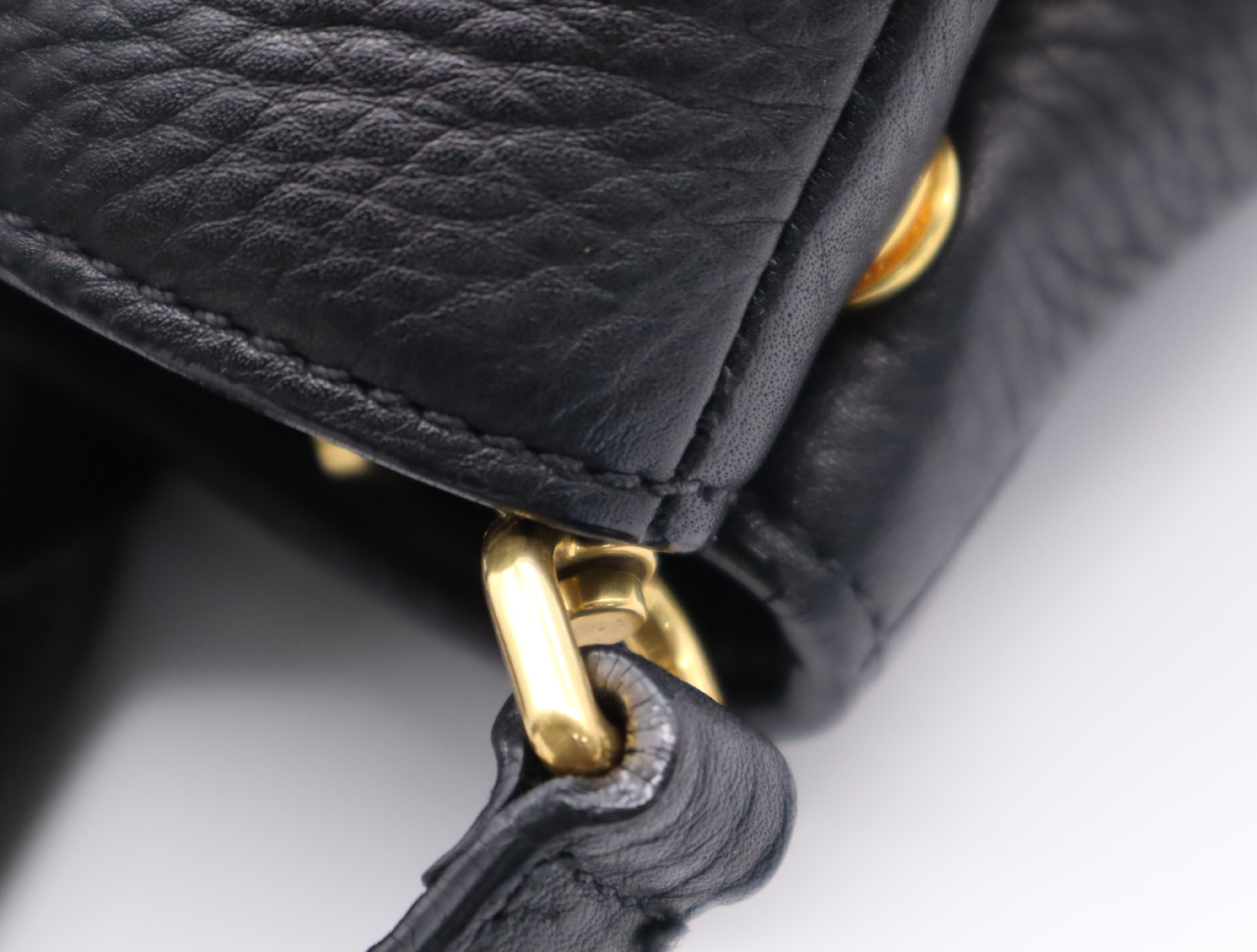Leather Vitello Daino Tote Bag, Black with Gold Hardware, Shoulder Strap, and Name Tag. — view 11