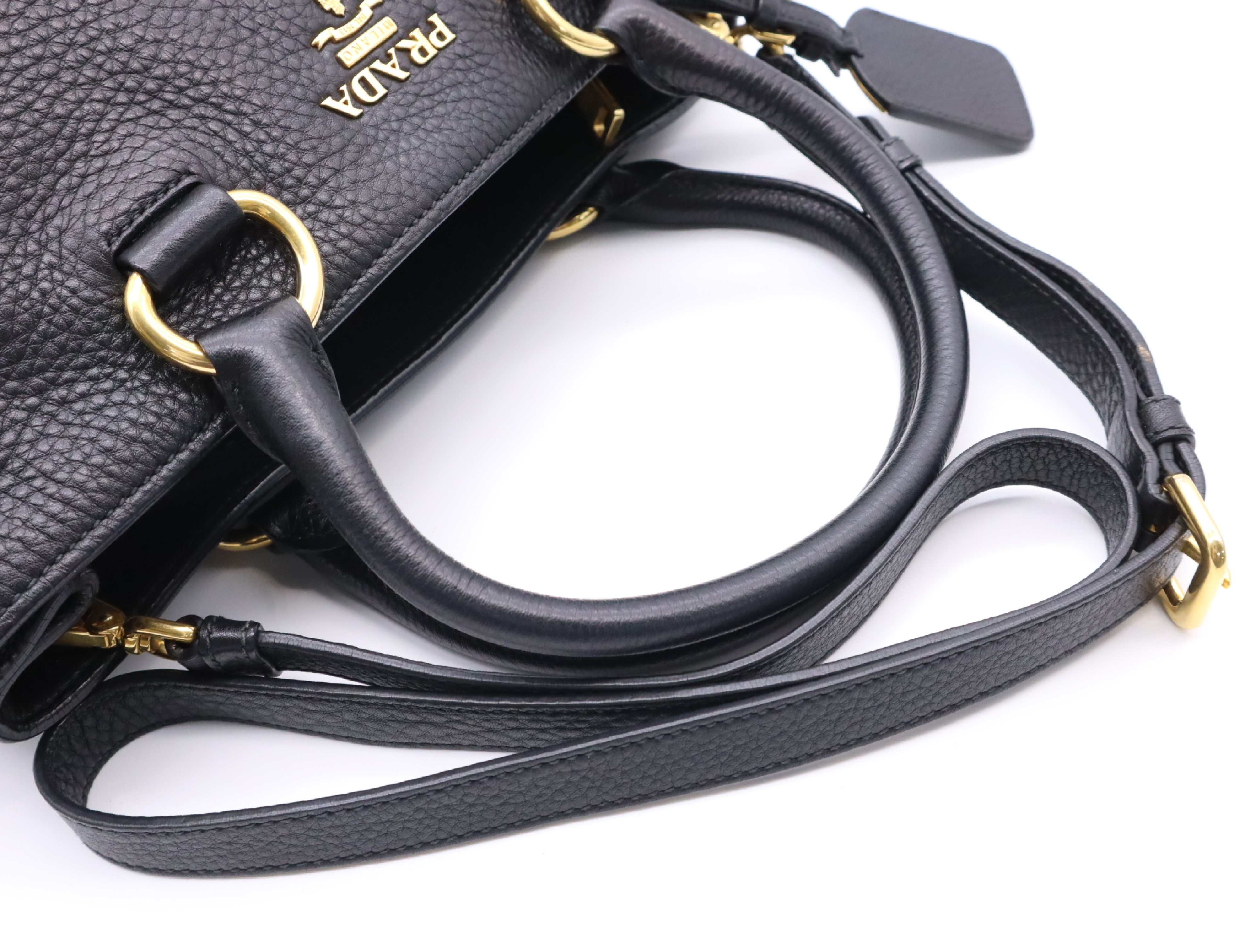 Leather Vitello Daino Tote Bag, Black with Gold Hardware, Shoulder Strap, and Name Tag. — view 12