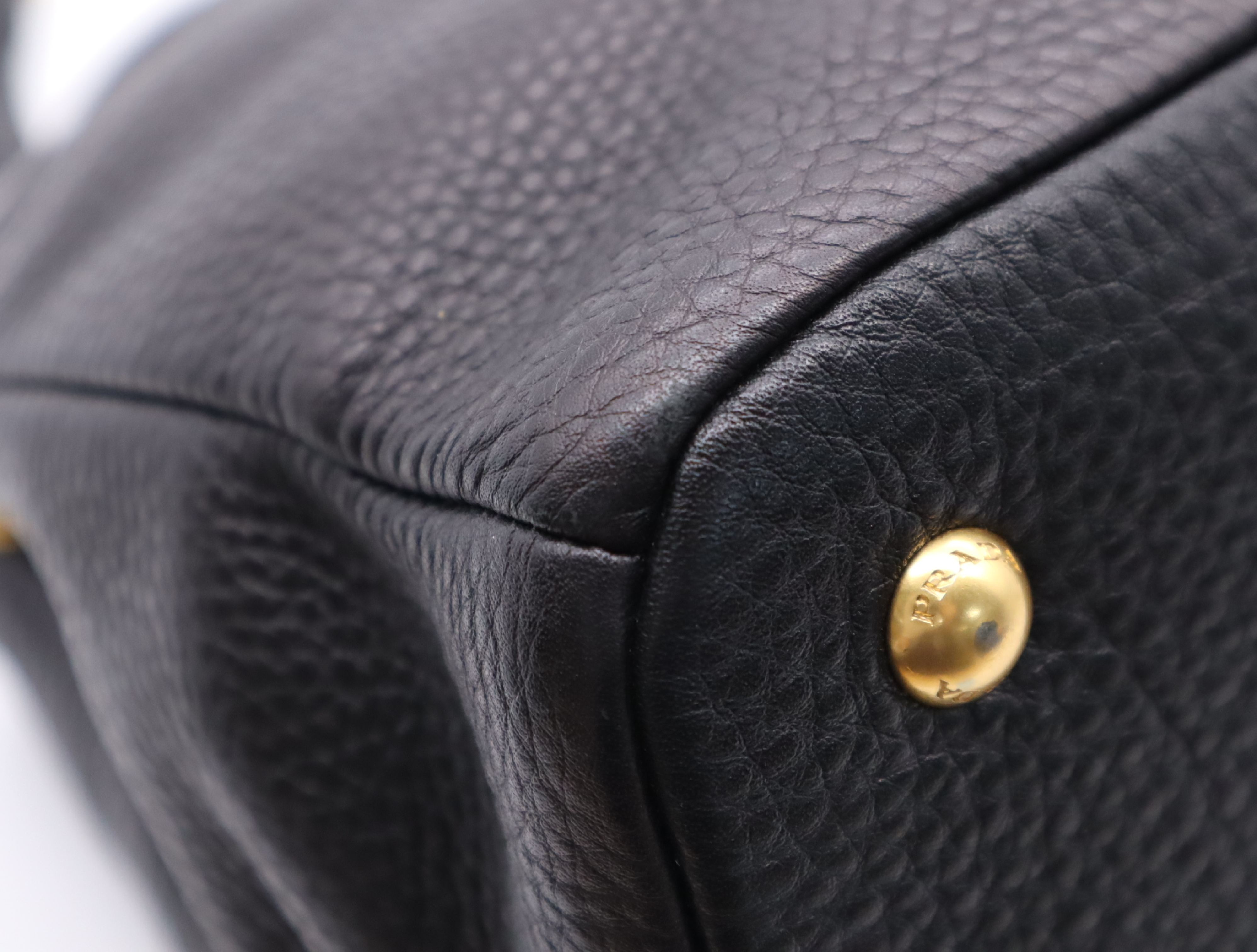 Leather Vitello Daino Tote Bag, Black with Gold Hardware, Shoulder Strap, and Name Tag. — view 6