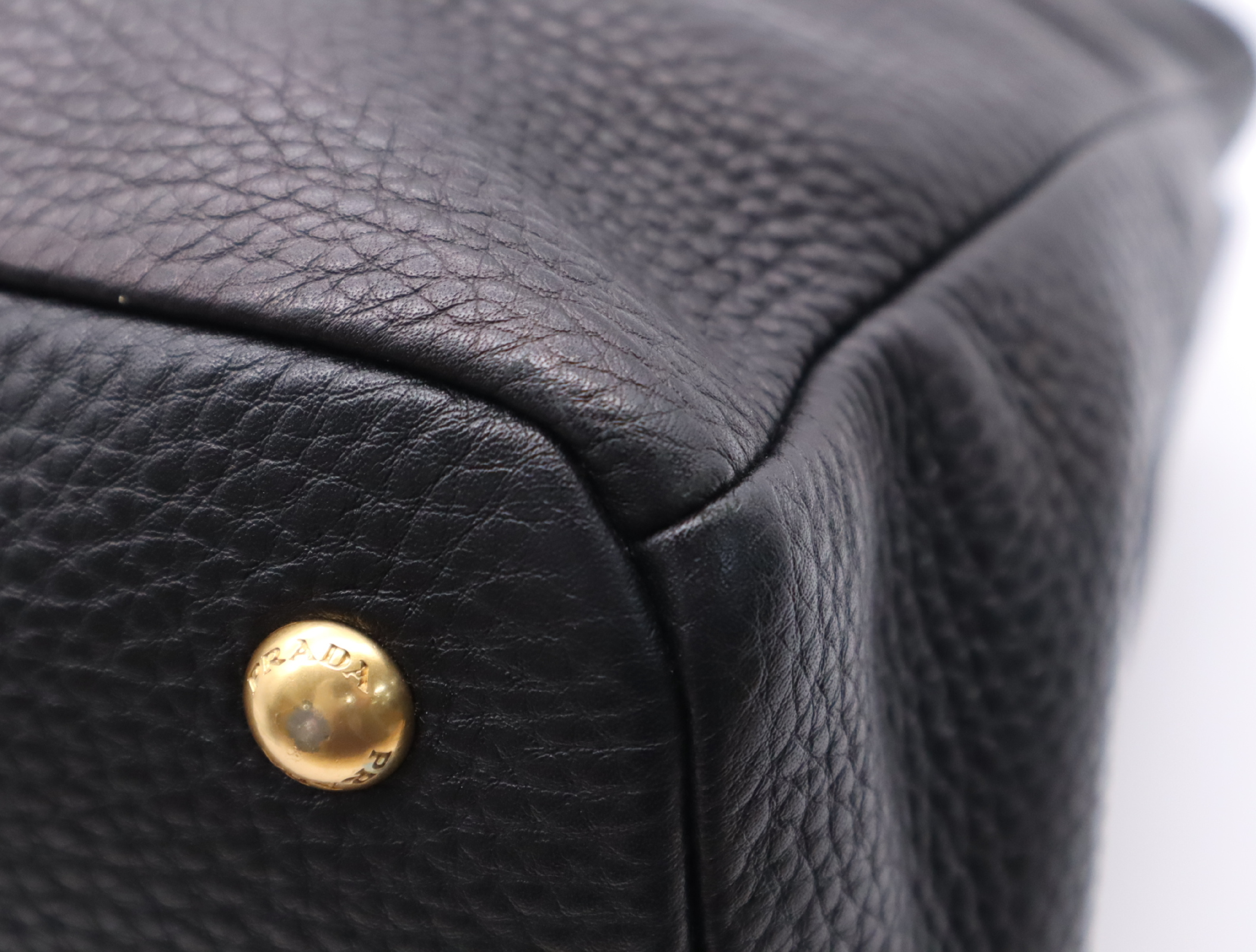 Leather Vitello Daino Tote Bag, Black with Gold Hardware, Shoulder Strap, and Name Tag. — view 7