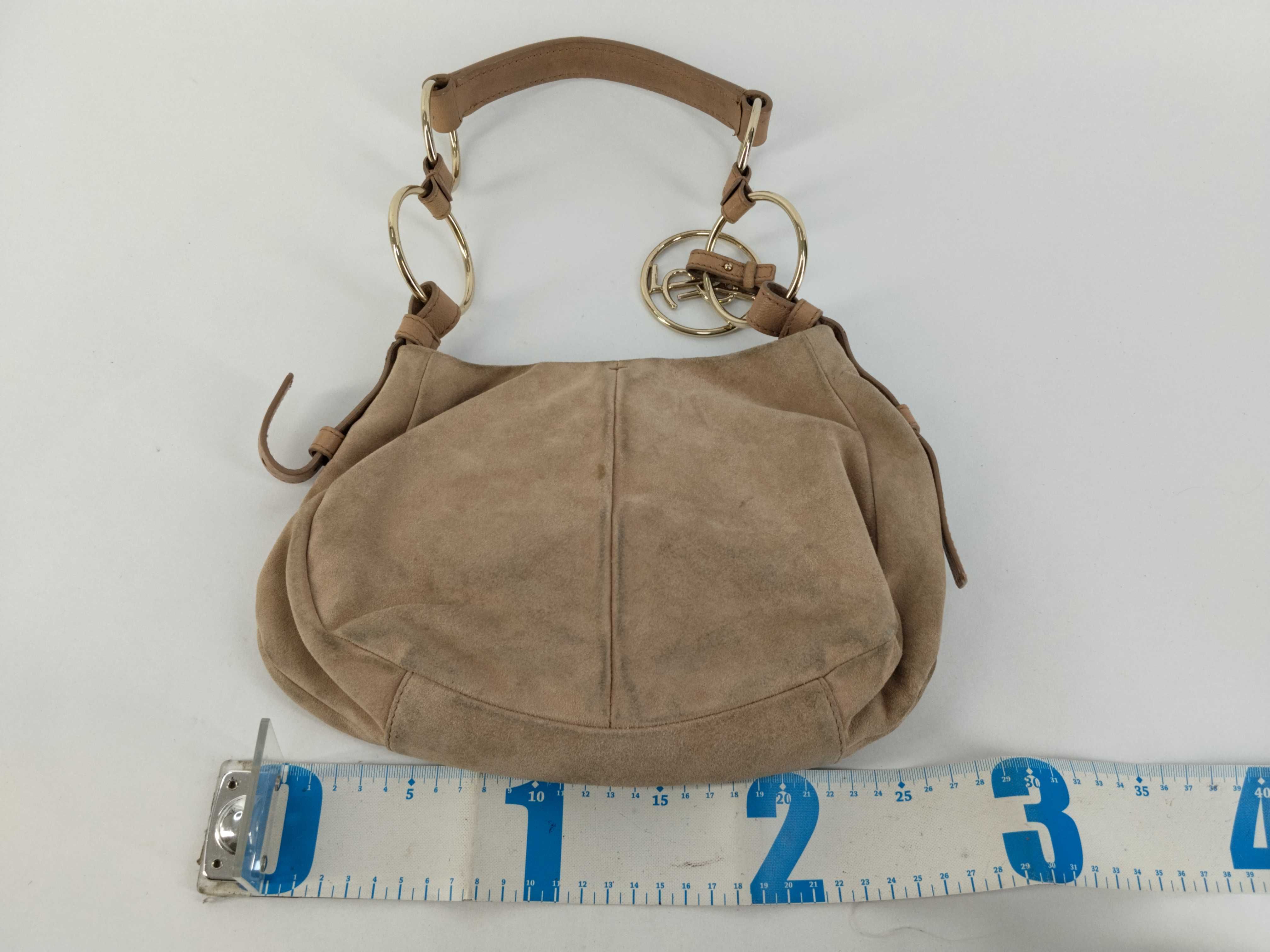 shoulder bag, suede, logo charm, beige. — view 2