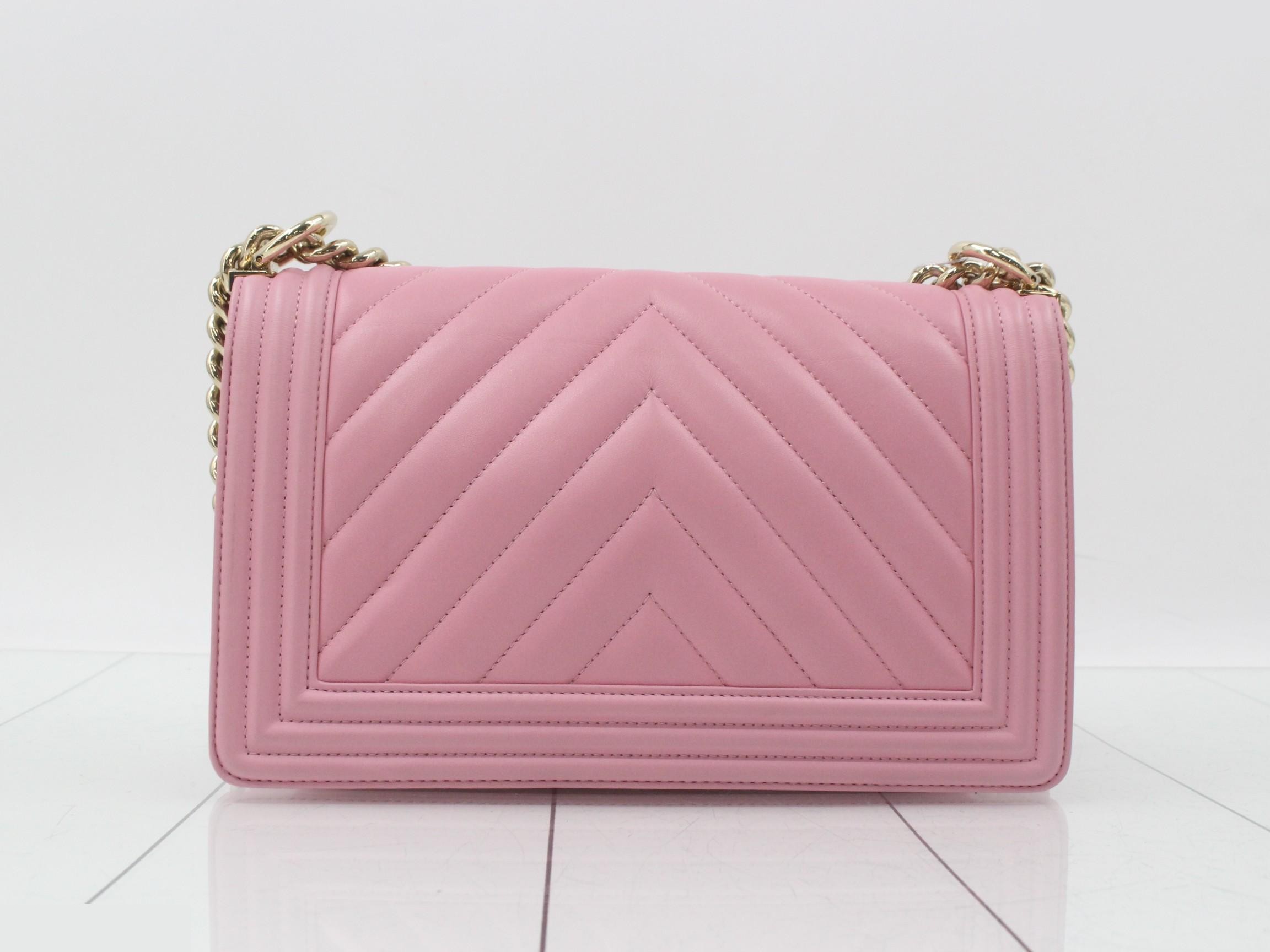 Boy Chanel Lambskin V-Stitch Chain Shoulder Bag, Pink — view 2