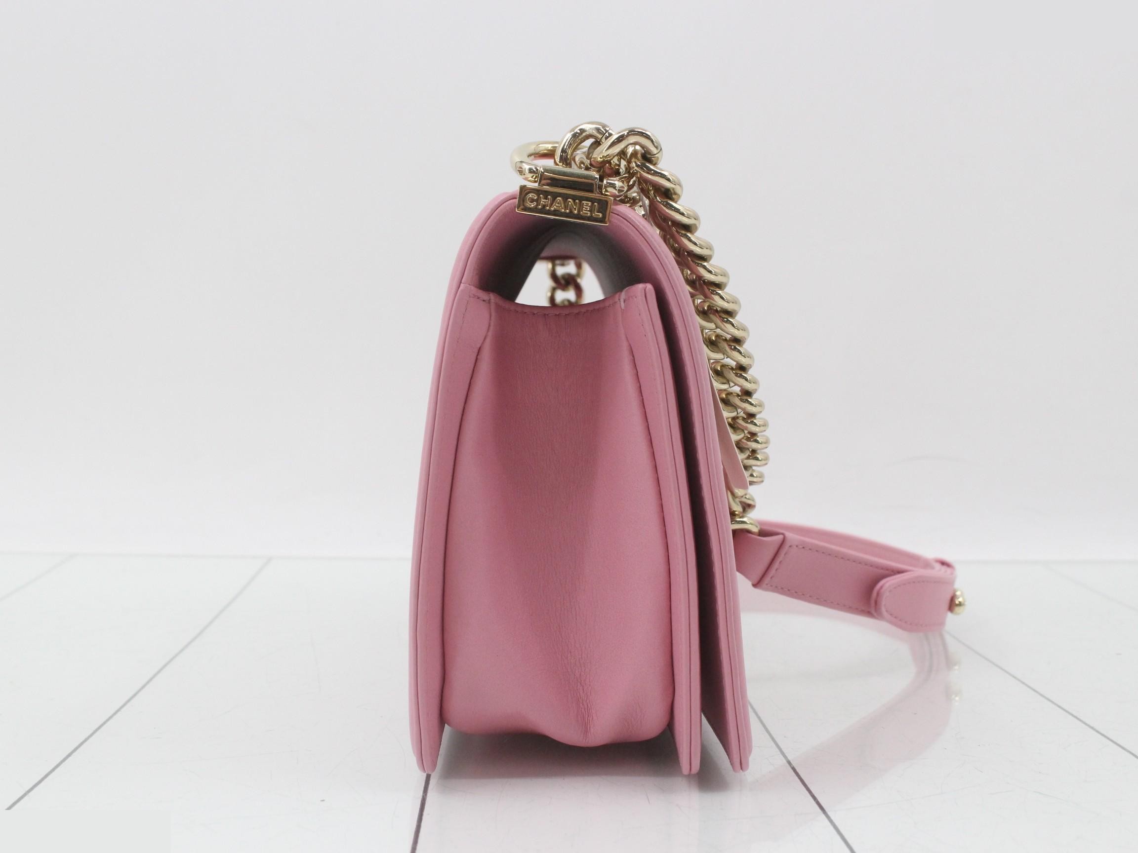 Boy Chanel Lambskin V-Stitch Chain Shoulder Bag, Pink — view 4