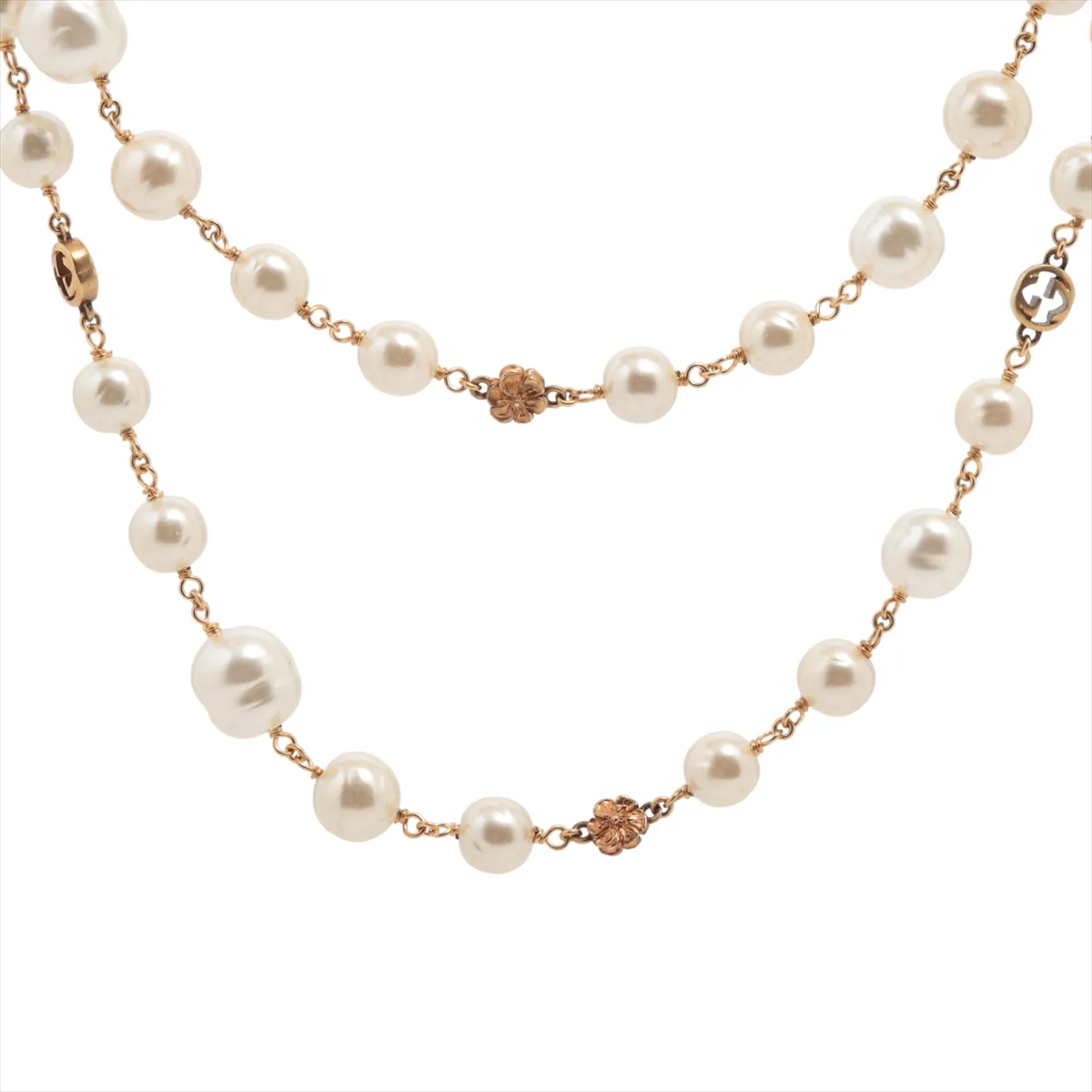 Interlocking G Flower Long Necklace, GP x Faux Pearl, Gold,