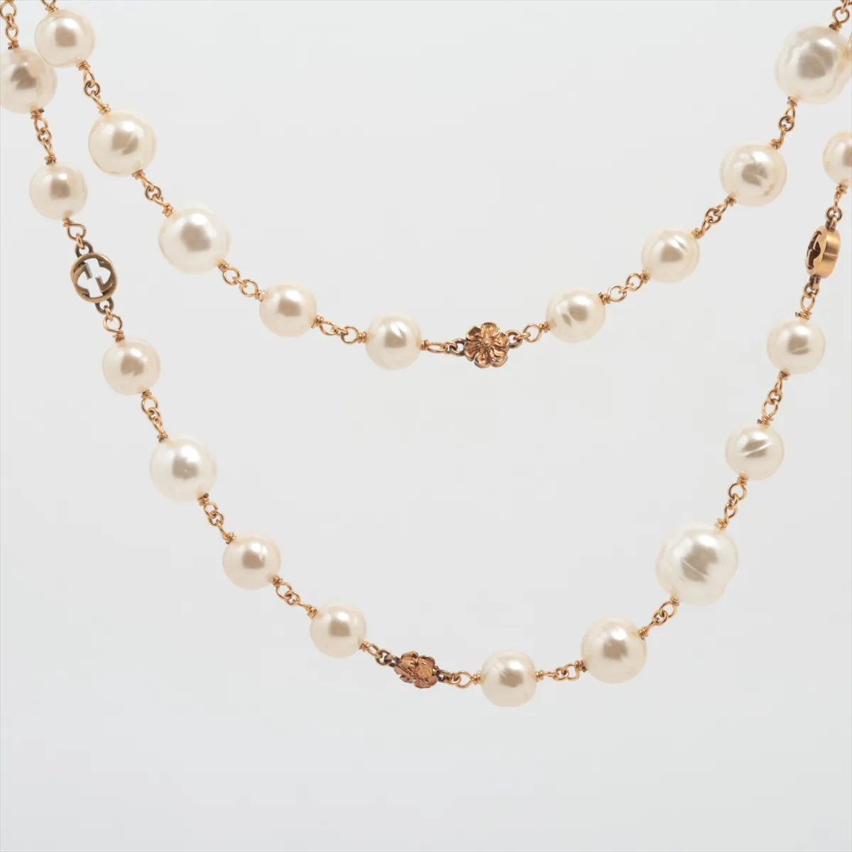 Interlocking G Flower Long Necklace, GP x Faux Pearl, Gold, — view 2