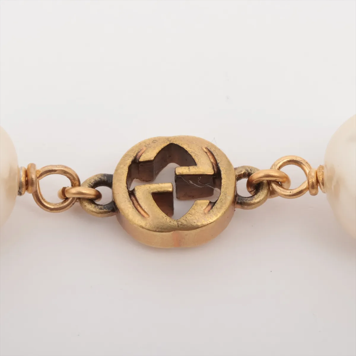 Interlocking G Flower Long Necklace, GP x Faux Pearl, Gold, — view 4