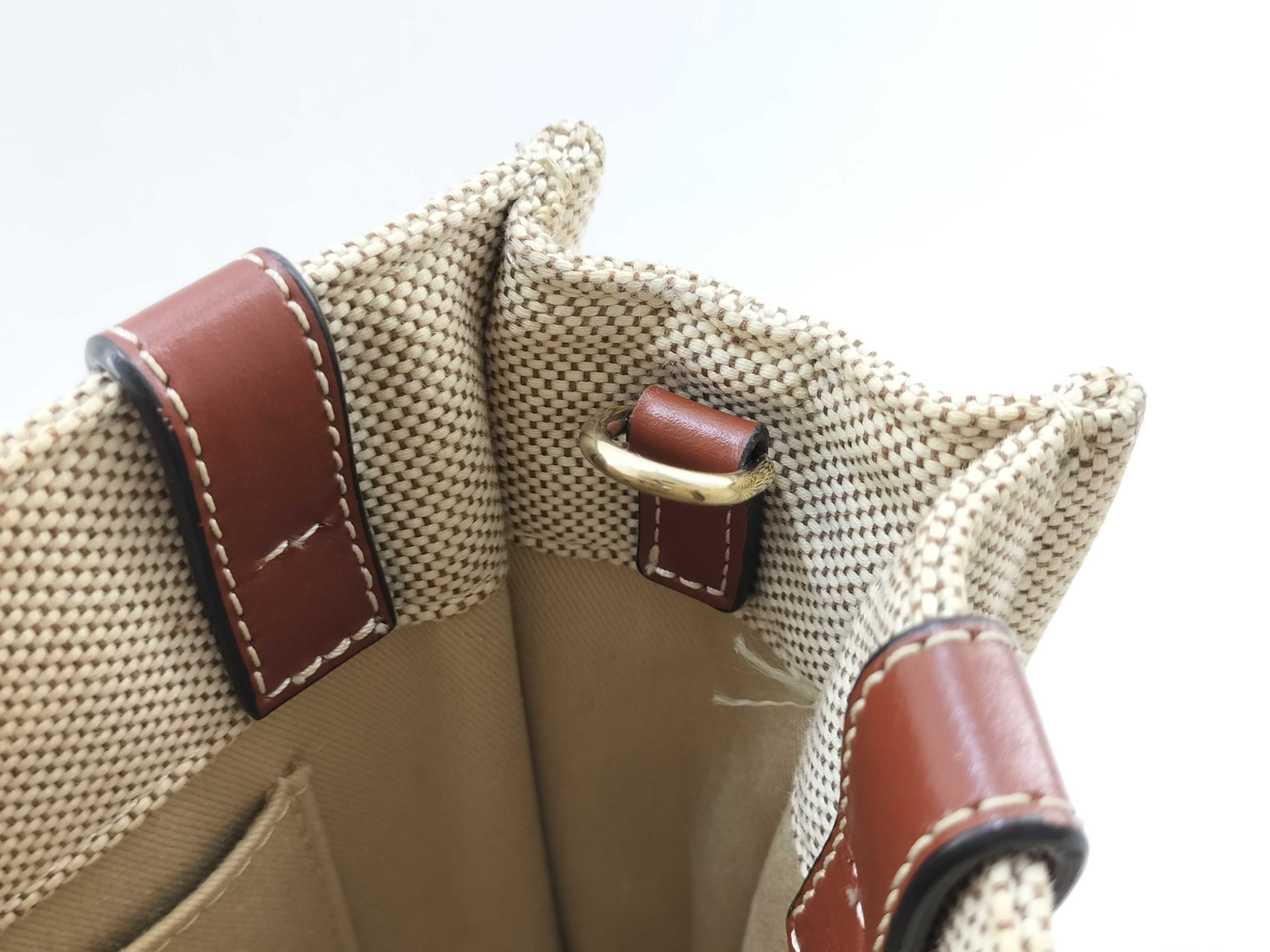 Woody Small Canvas x Leather 2-Way Handbag, Beige x Brown — view 11
