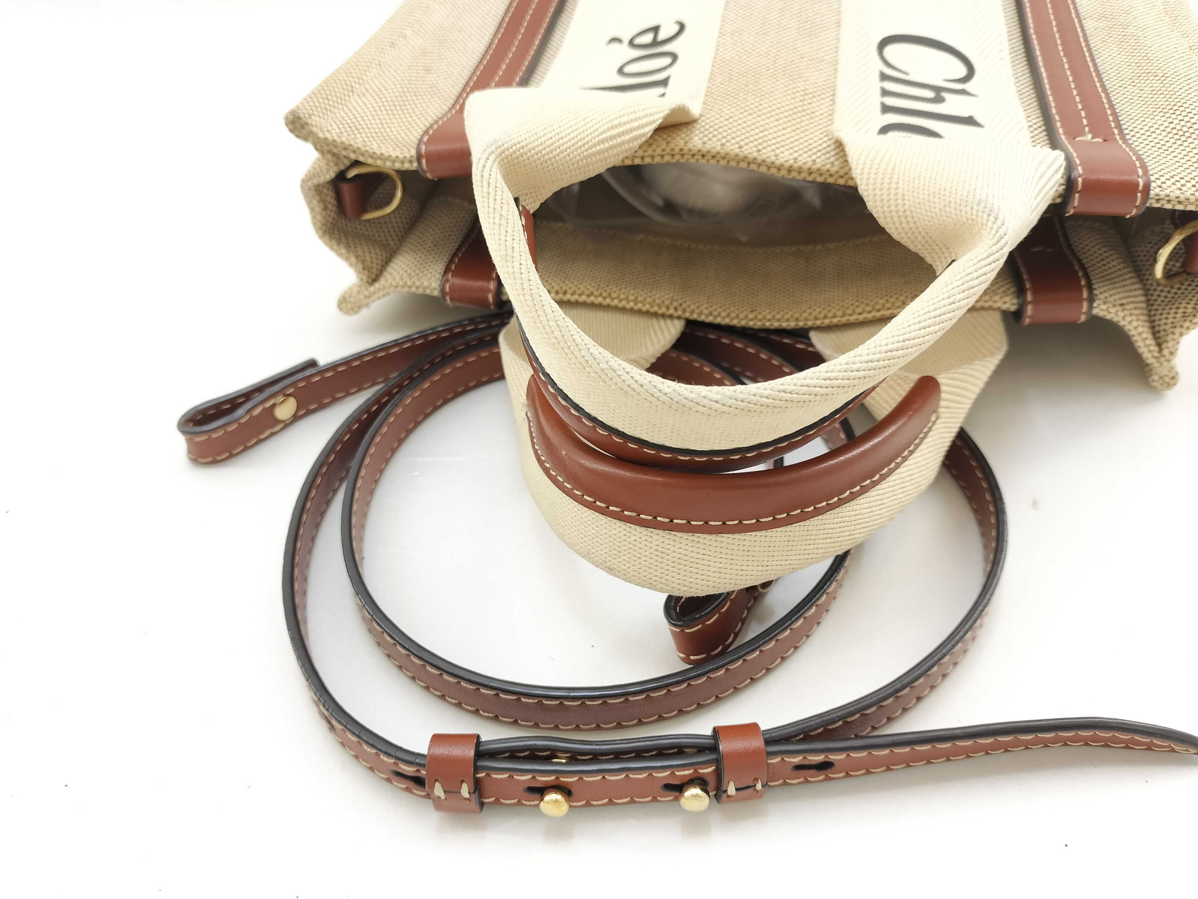 Woody Small Canvas x Leather 2-Way Handbag, Beige x Brown — view 8