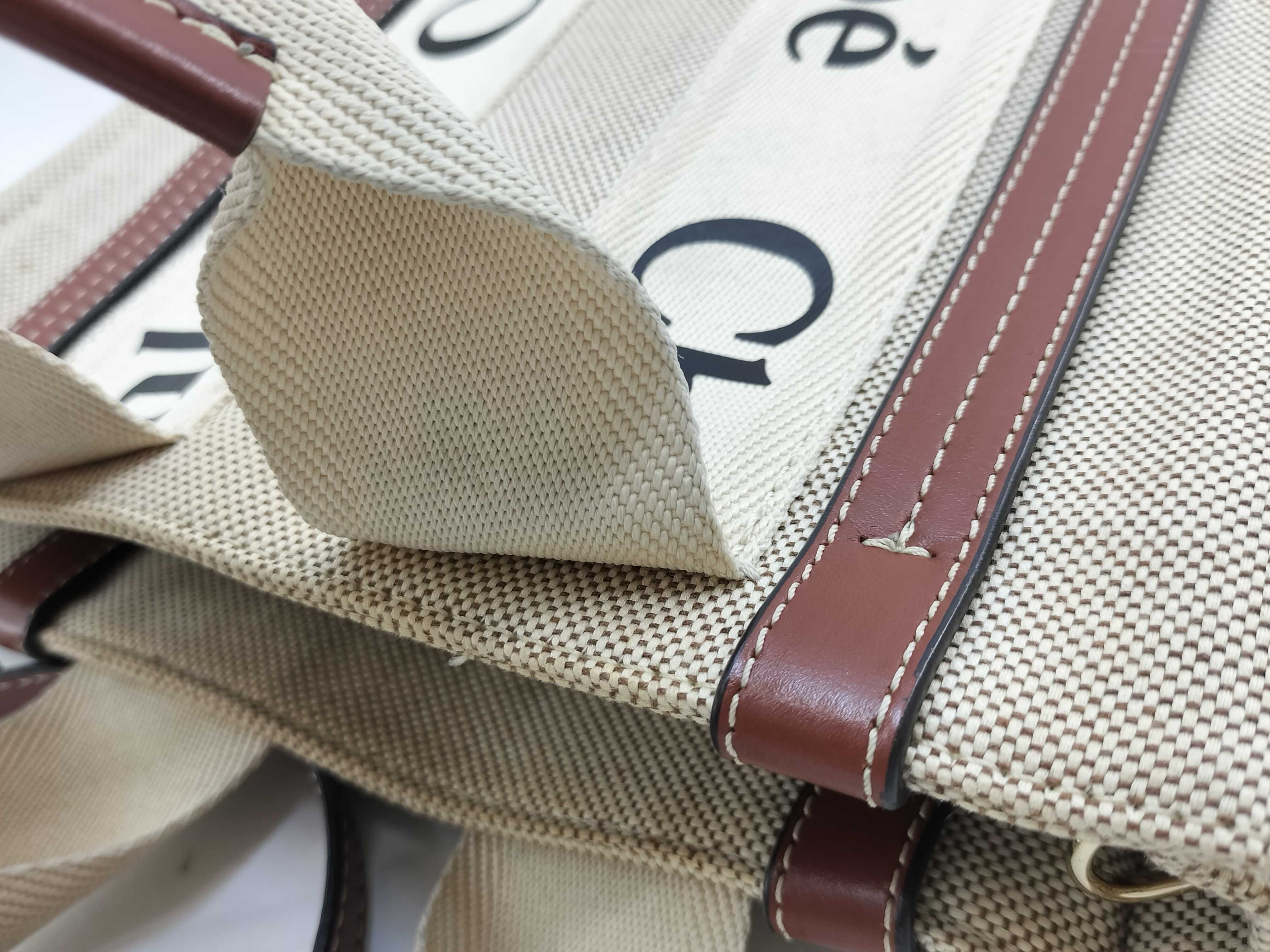 Woody Small Canvas x Leather 2-Way Handbag, Beige x Brown — view 9
