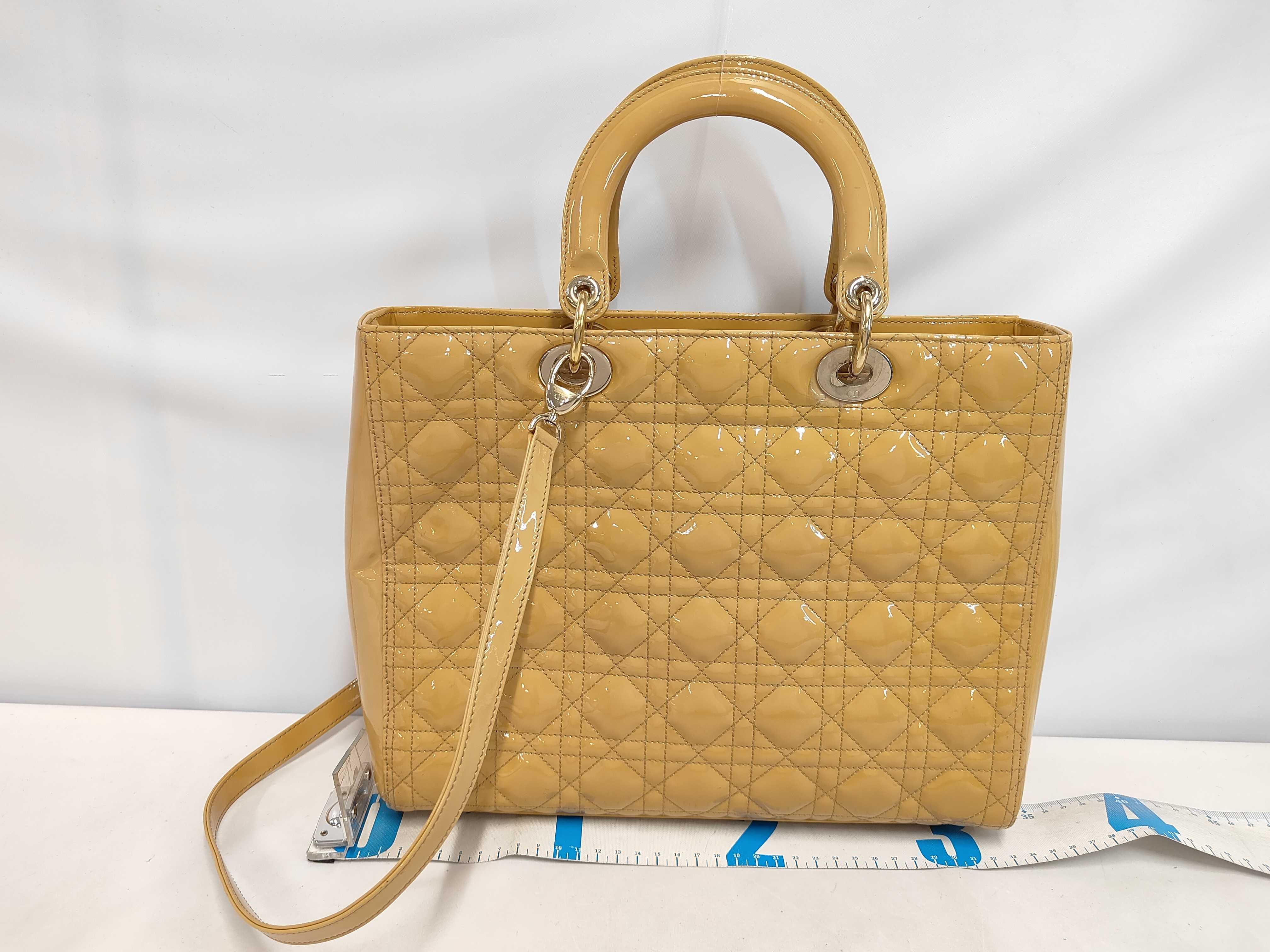 Large Lady Dior Zip Beige Cannage Patent Leather Handbag with Gold Hardware — view 2