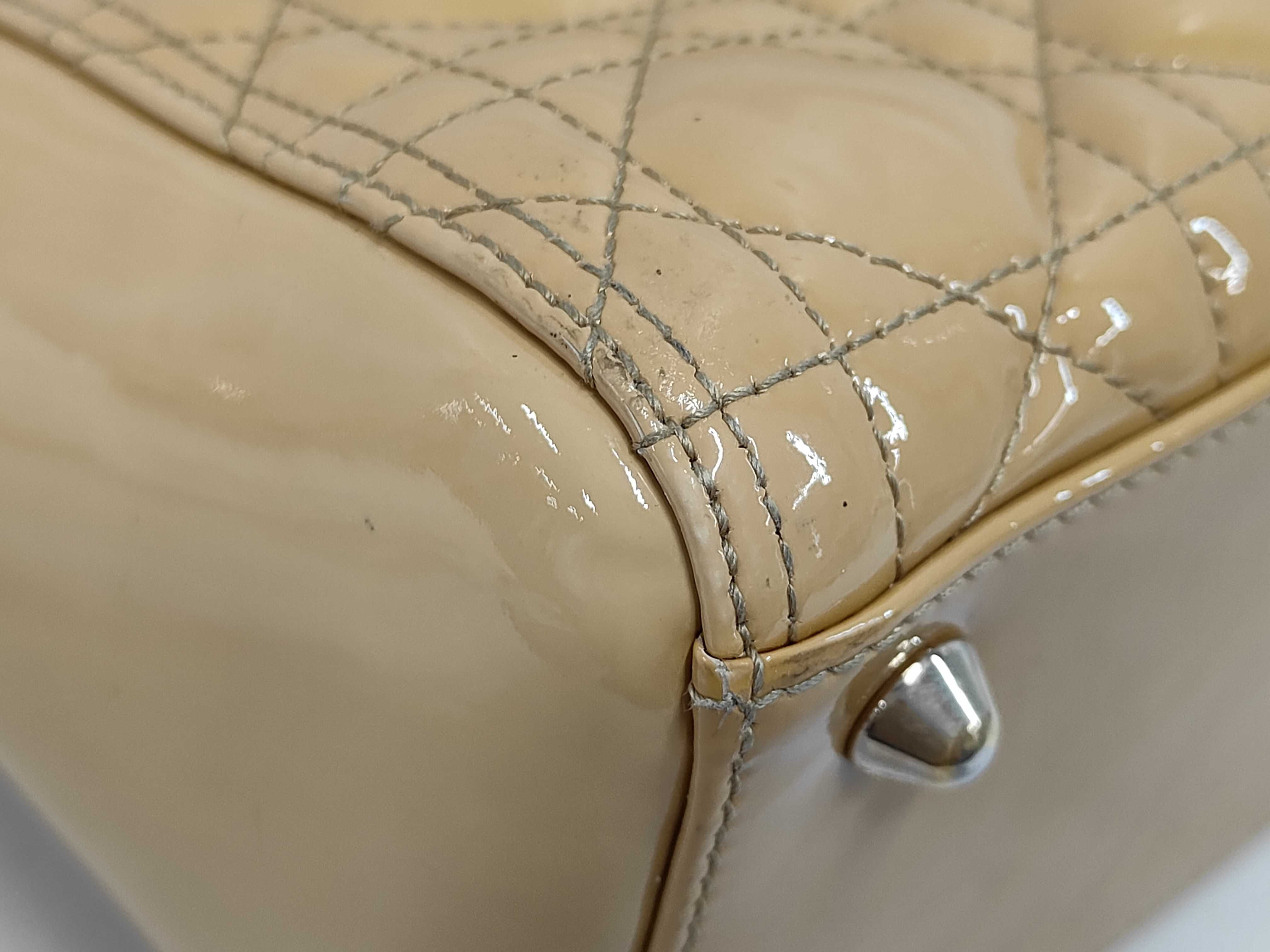 Large Lady Dior Zip Beige Cannage Patent Leather Handbag with Gold Hardware — view 3