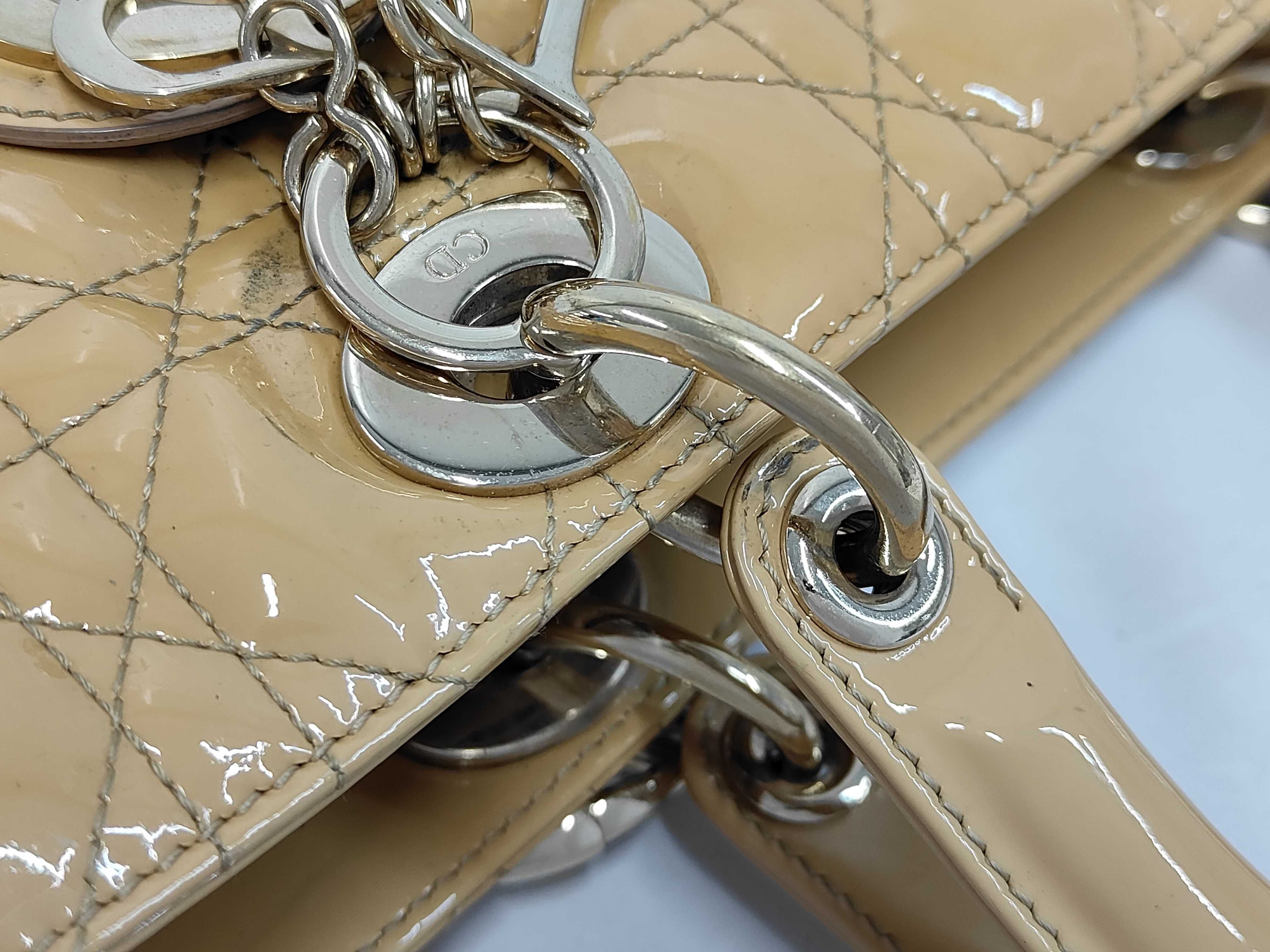 Large Lady Dior Zip Beige Cannage Patent Leather Handbag with Gold Hardware — view 6