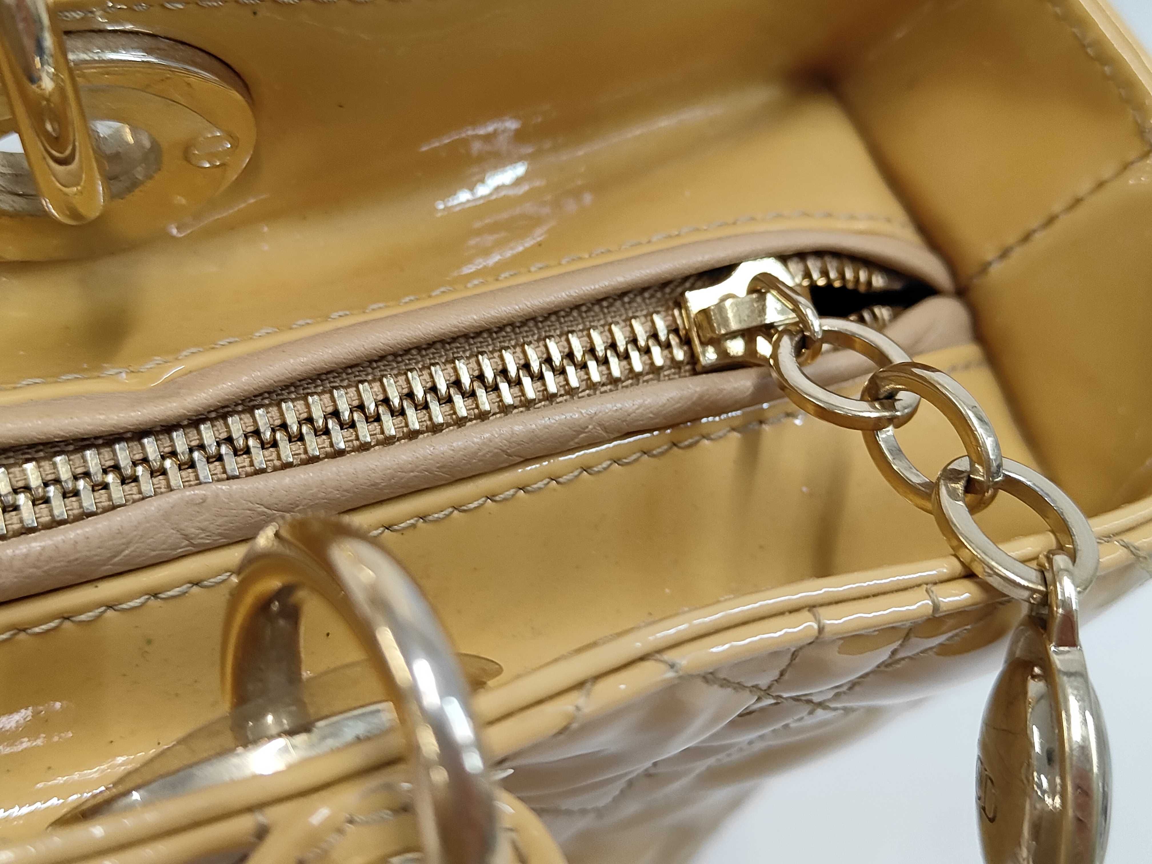 Large Lady Dior Zip Beige Cannage Patent Leather Handbag with Gold Hardware — view 7