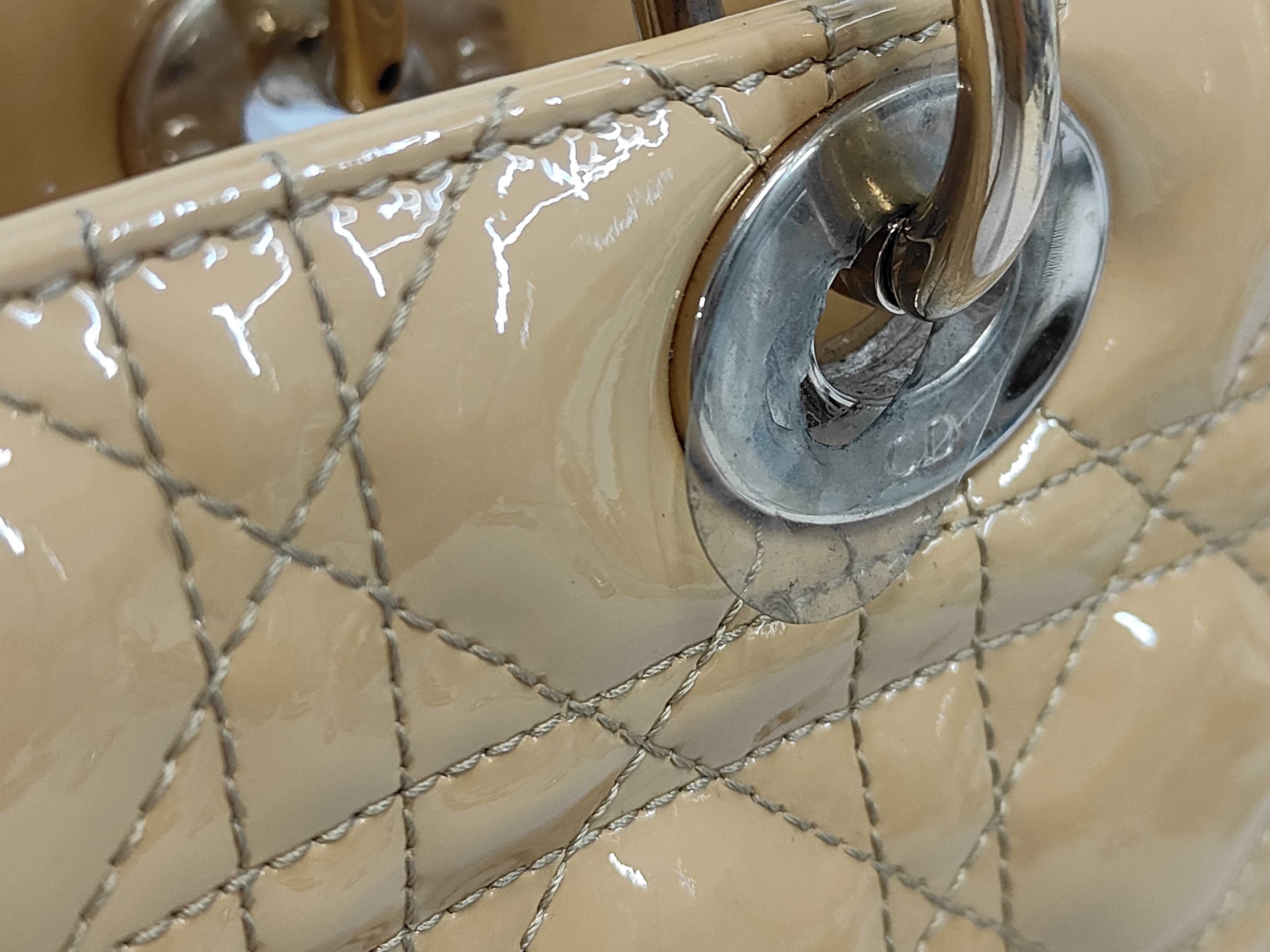 Large Lady Dior Zip Beige Cannage Patent Leather Handbag with Gold Hardware — view 8