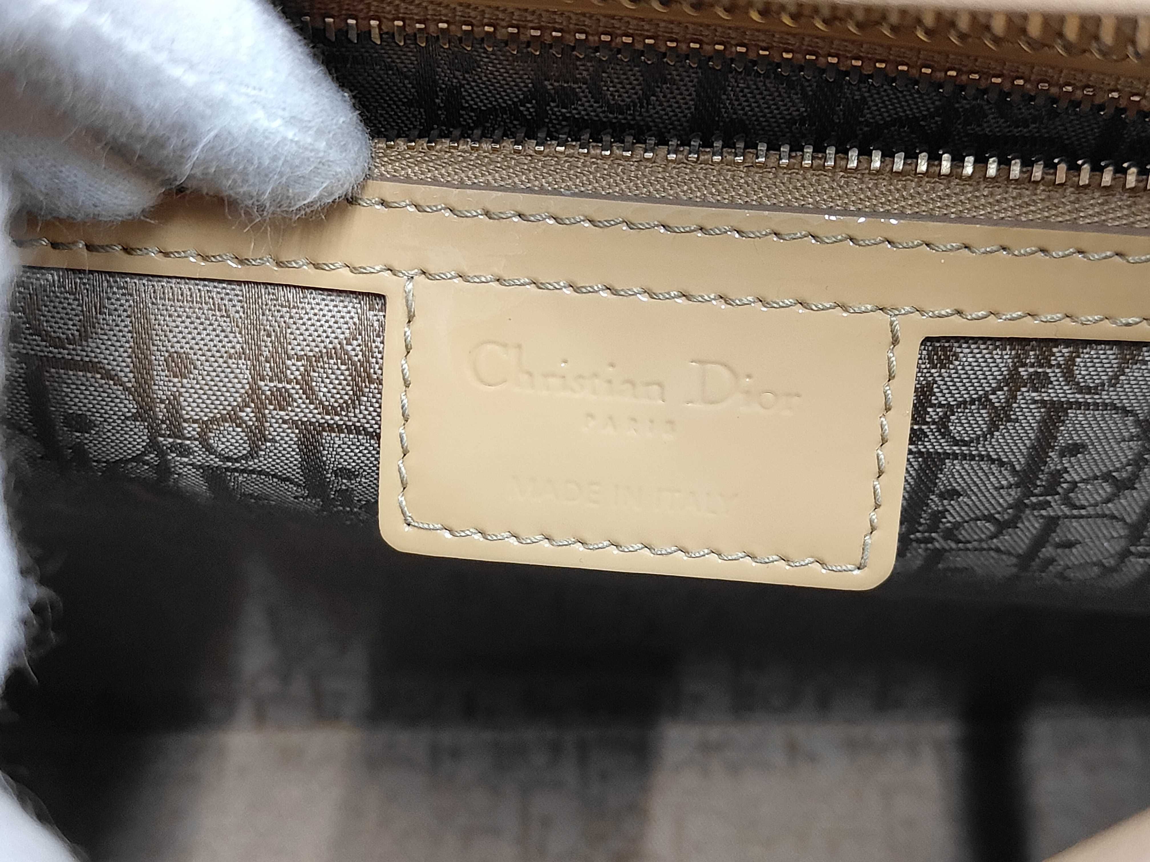 Large Lady Dior Zip Beige Cannage Patent Leather Handbag with Gold Hardware — view 9