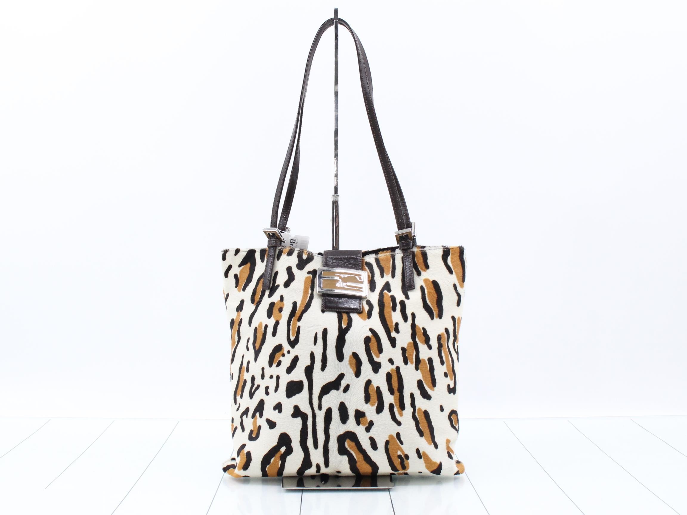Baguette Tote Bag, Shoulder Bag, Leopard Print, Calf Hair, White