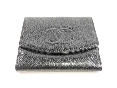 Caviar Skin Bi-fold Wallet with Coco Mark, Black, Double Snap Closure