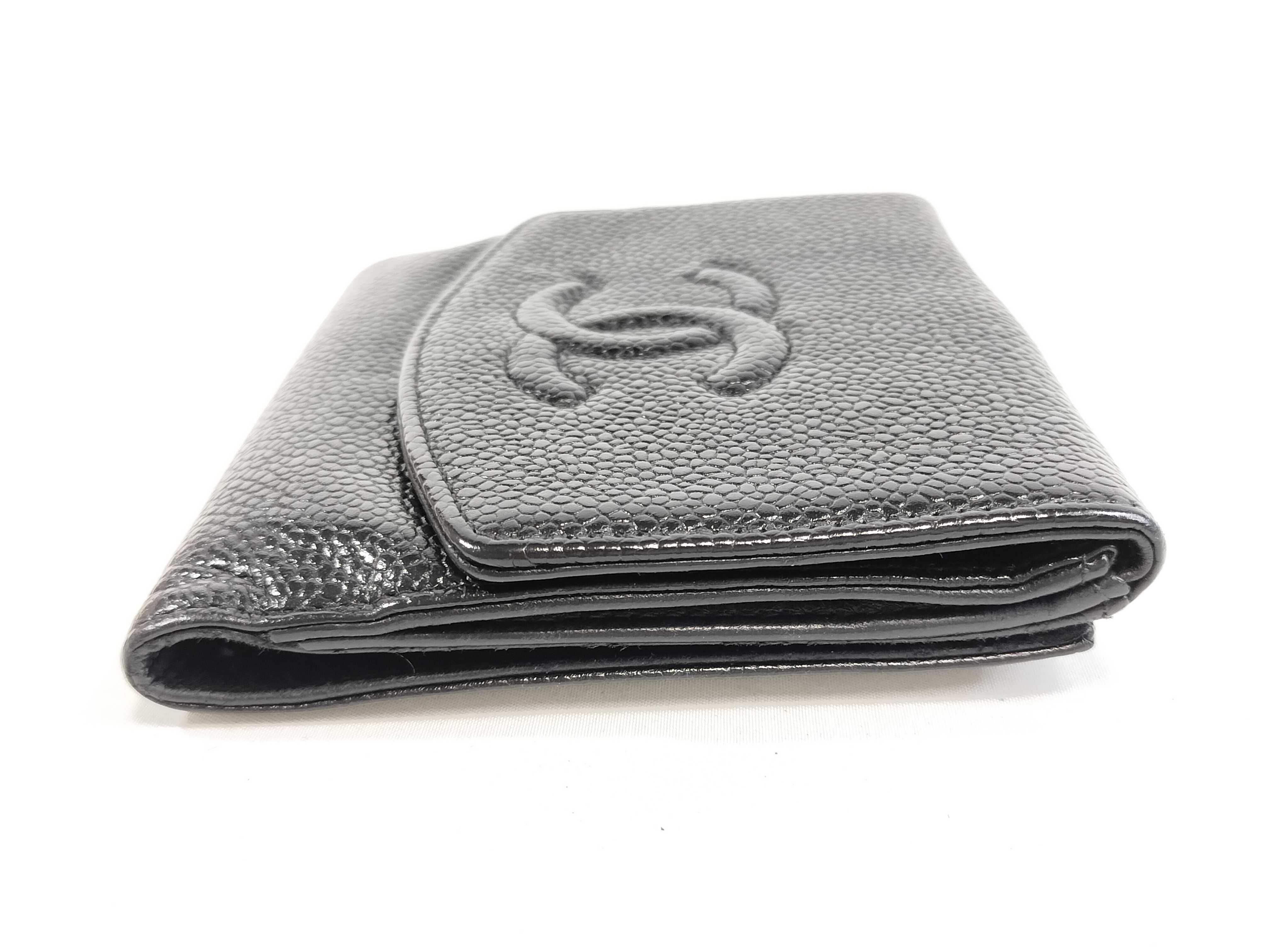 Caviar Skin Bi-fold Wallet with Coco Mark, Black, Double Snap Closure — view 5