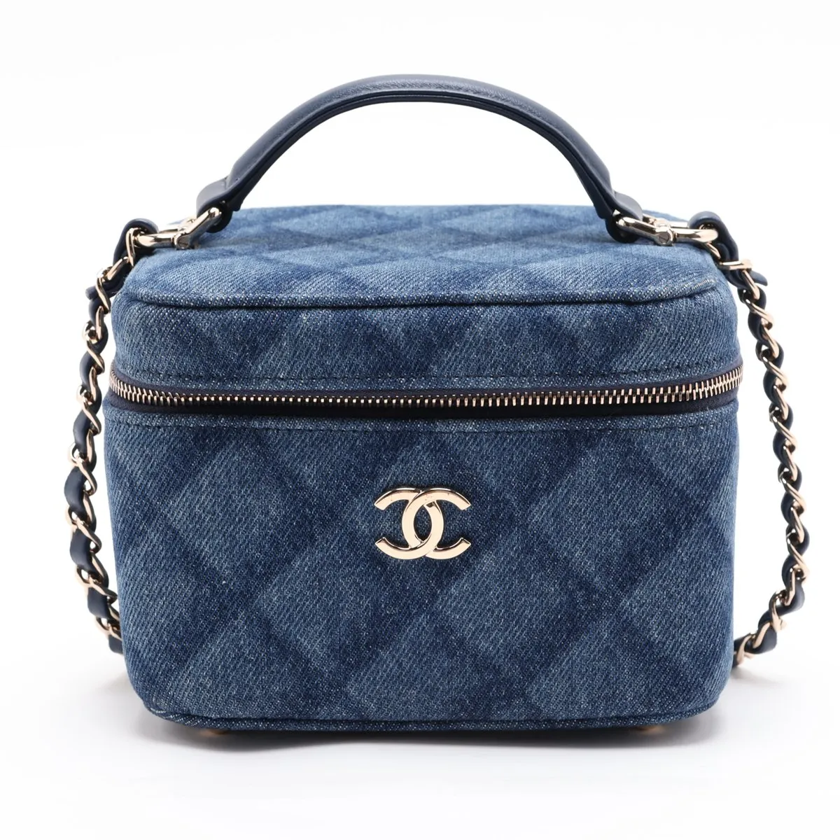 Matelassé Denim Vanity Bag, Blue with Gold Hardware, H724E481, Random Plate