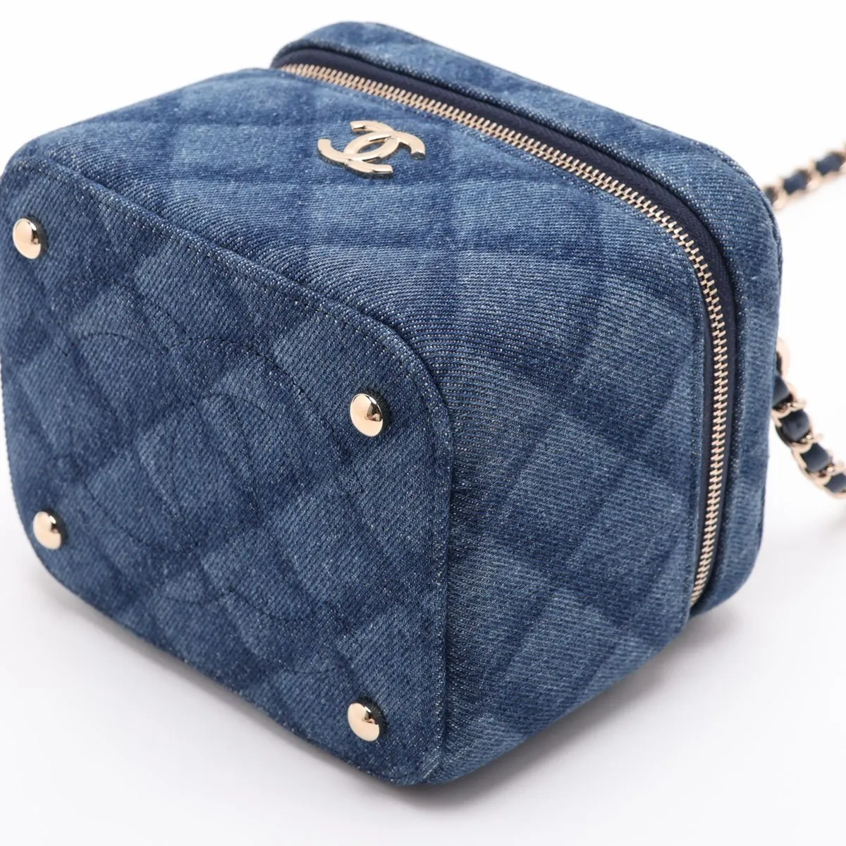 Matelassé Denim Vanity Bag, Blue with Gold Hardware, H724E481, Random Plate — view 3