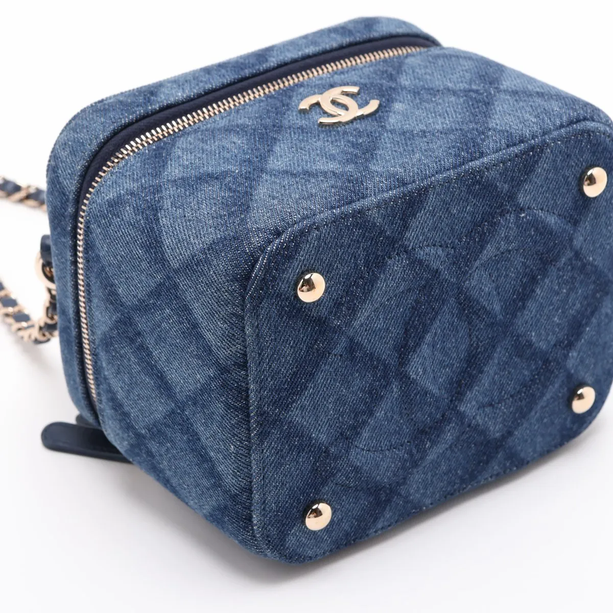 Matelassé Denim Vanity Bag, Blue with Gold Hardware, H724E481, Random Plate — view 4