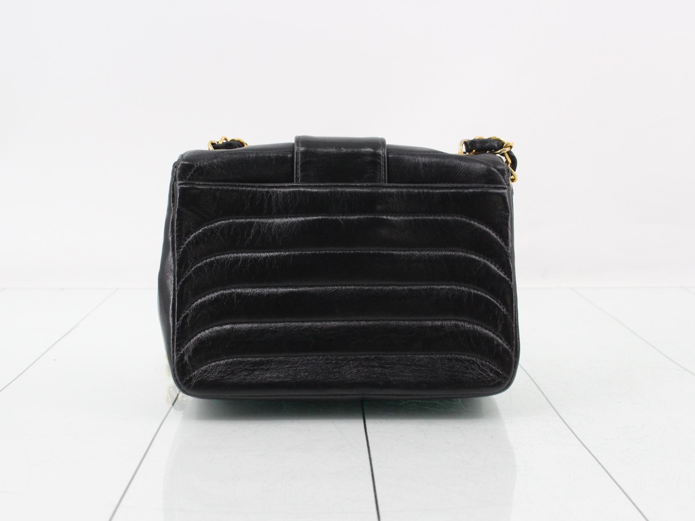 Leather Turnlock Chain Shoulder Bag, Black — view 2