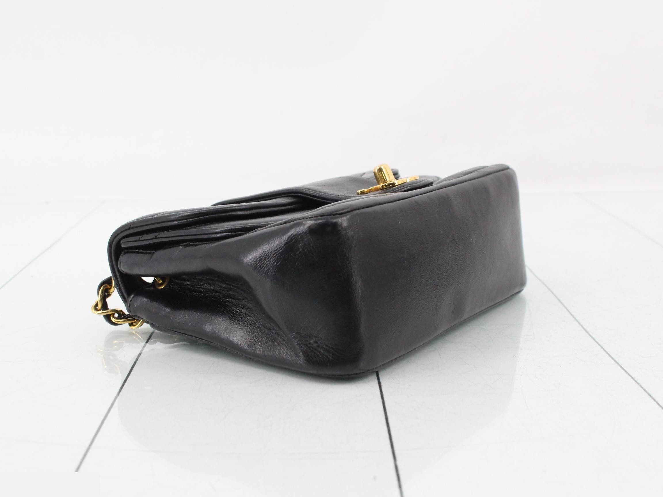 Leather Turnlock Chain Shoulder Bag, Black — view 5