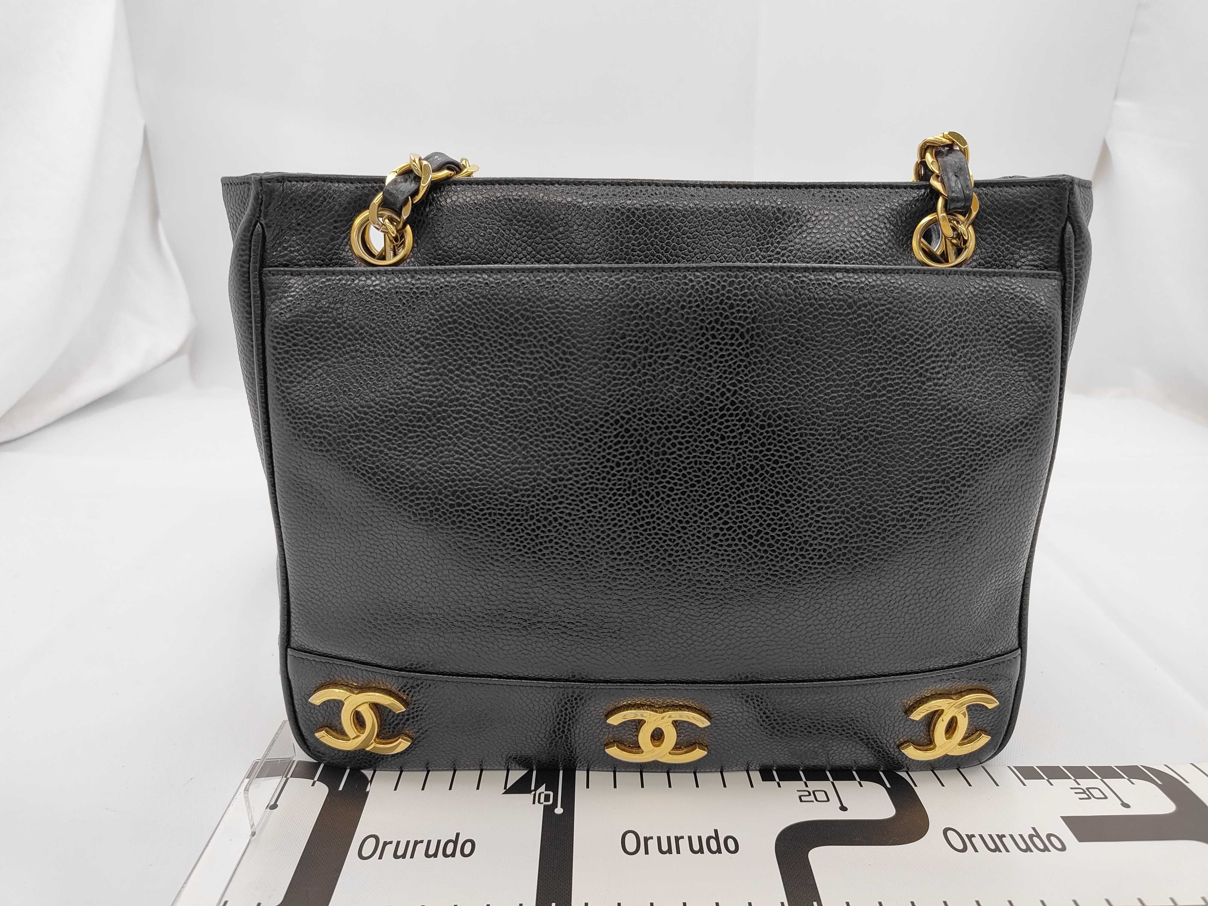 Caviar Skin Triple Coco Chain Tote Bag, Black Tote Bag — view 2