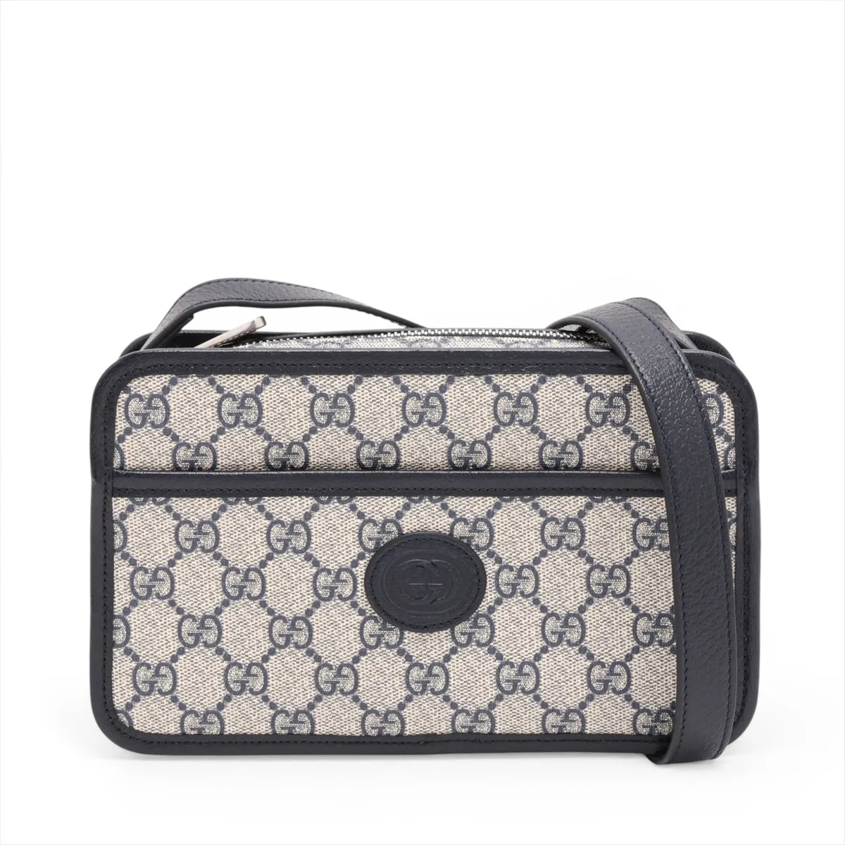 GG Supreme Interlocking G PVC x Leather Shoulder Bag, Navy, 868573 (Outlet)