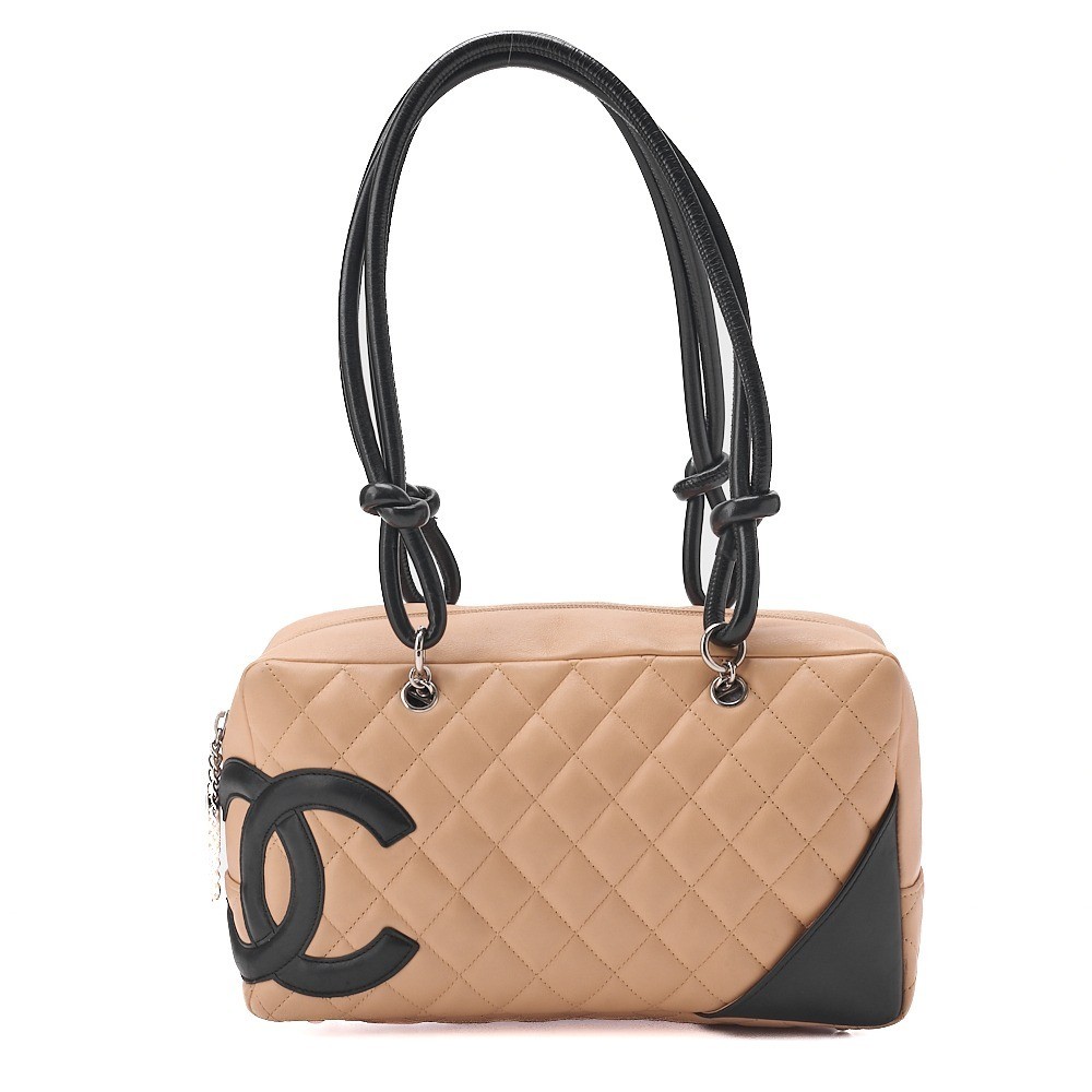 Calf leather Cambon line tote bag, beige x black, silver hardware, serial number 8.