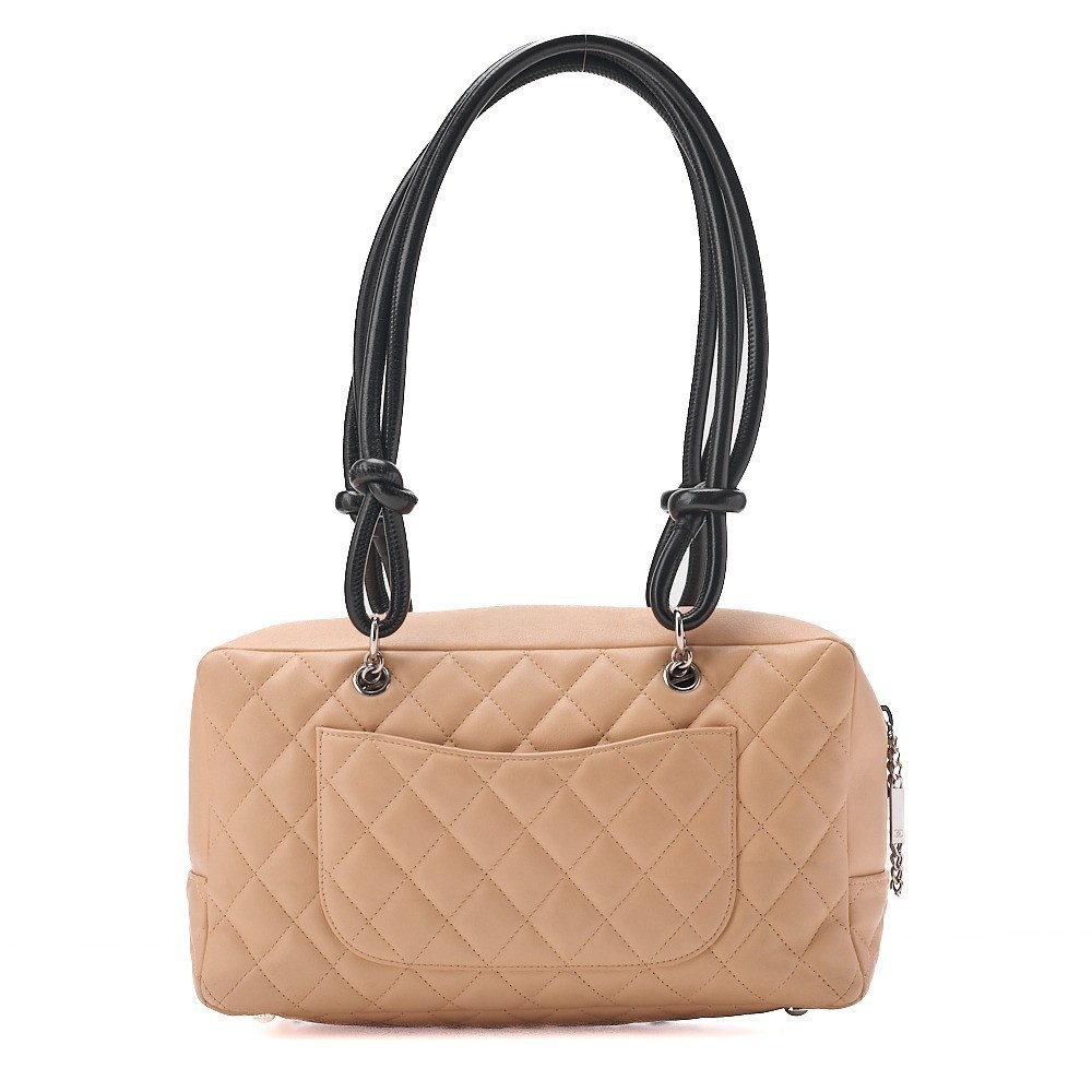 Calf leather Cambon line tote bag, beige x black, silver hardware, serial number 8. — view 2