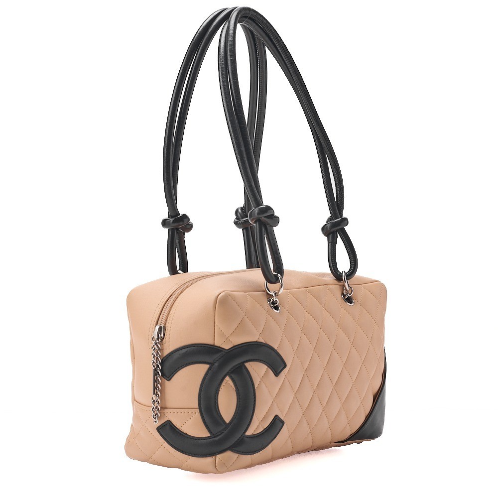 Calf leather Cambon line tote bag, beige x black, silver hardware, serial number 8. — view 3