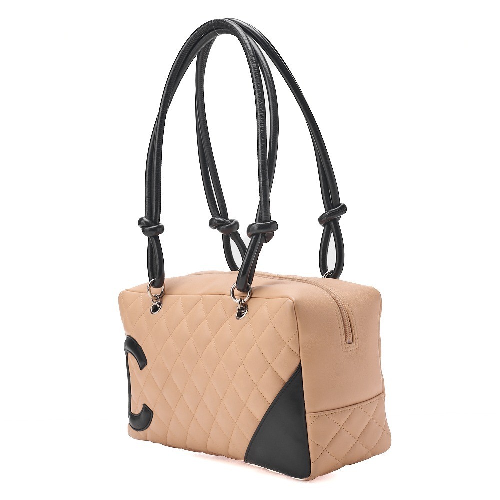 Calf leather Cambon line tote bag, beige x black, silver hardware, serial number 8. — view 4