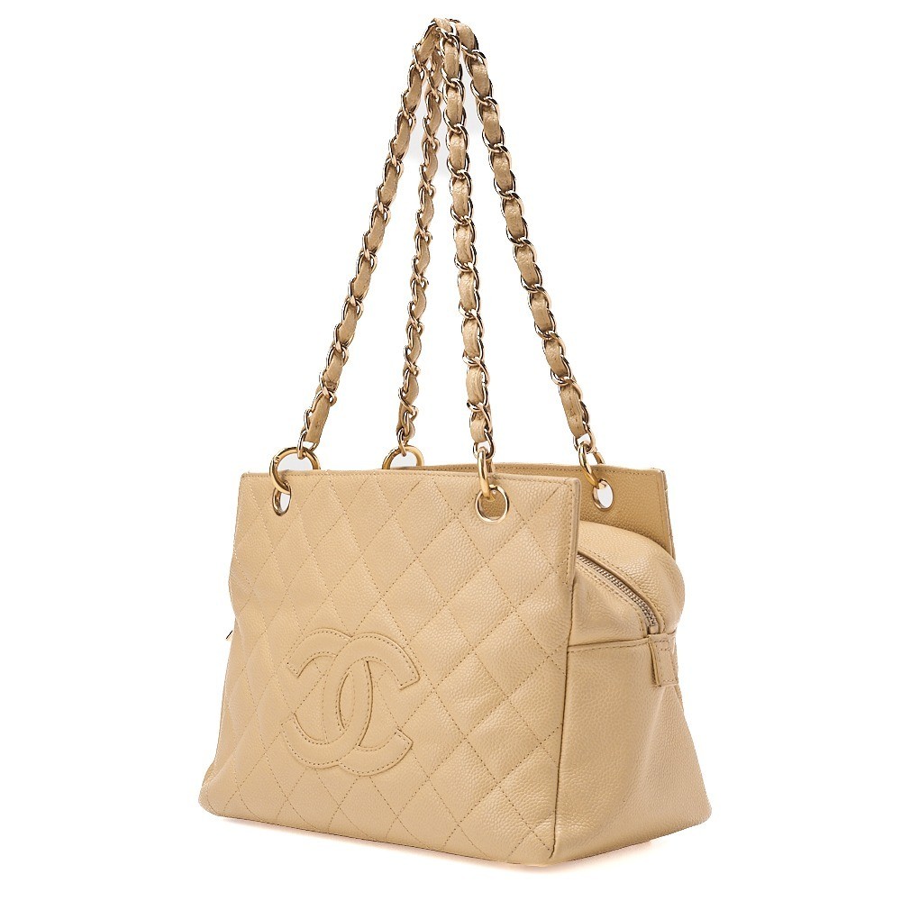 Caviar Skin Coco Mark PTT Chain Shoulder Bag, Beige — view 3