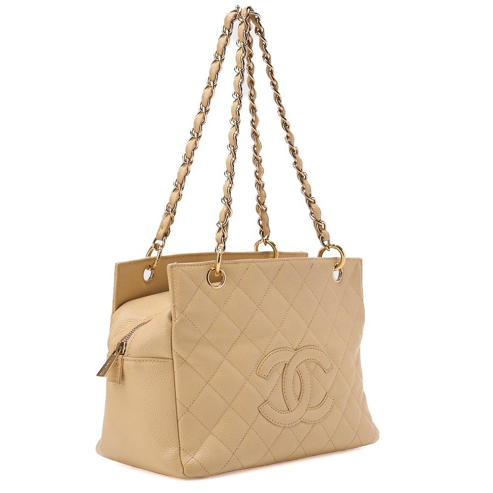 Caviar Skin Coco Mark PTT Chain Shoulder Bag, Beige — view 4