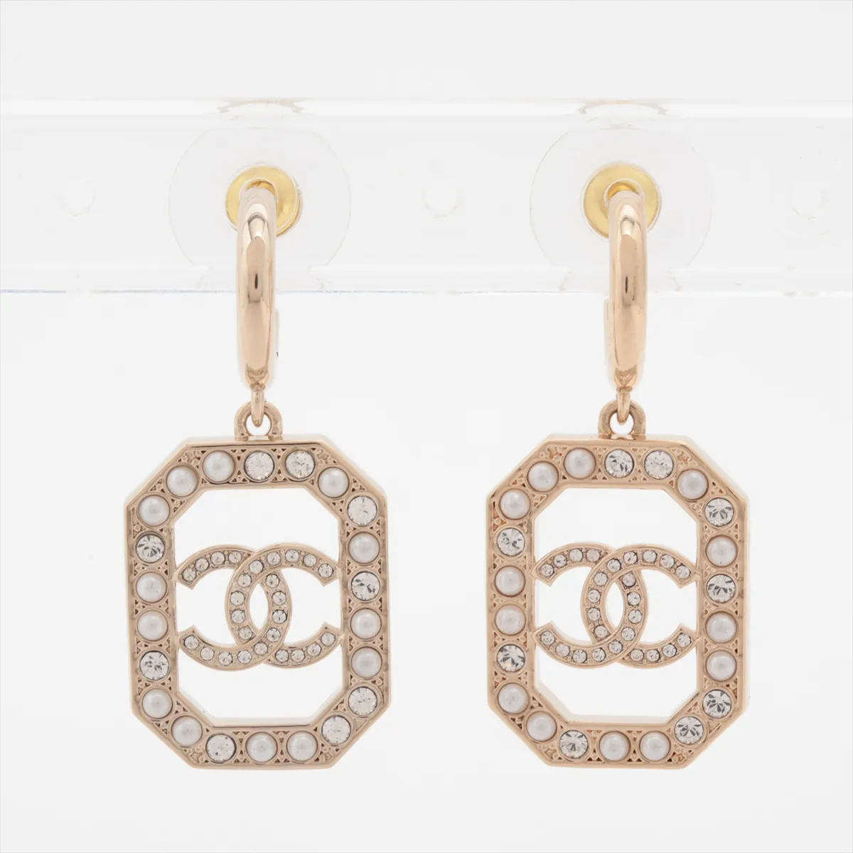 Coco Mark L23B Earrings (Pair) GP x Rhinestone x Faux Pearl Gold — view 2