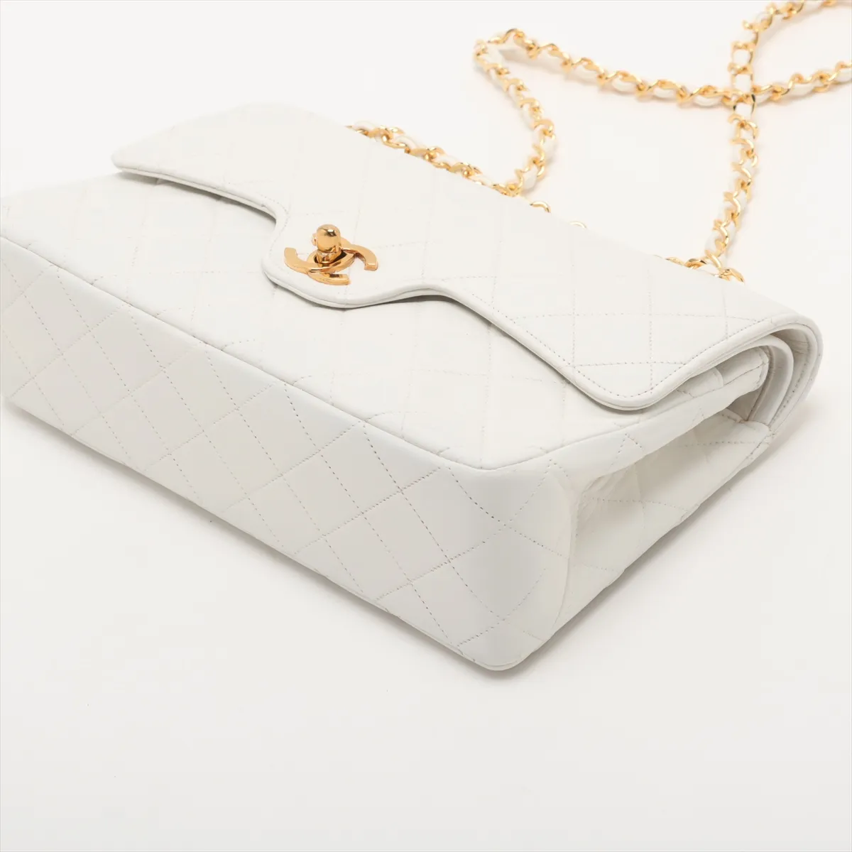 Matelassé Lambskin Double Flap Double Chain Bag, White with Gold Hardware, 0261916 (Serial Number 0-series), No Pull Strap — view 3